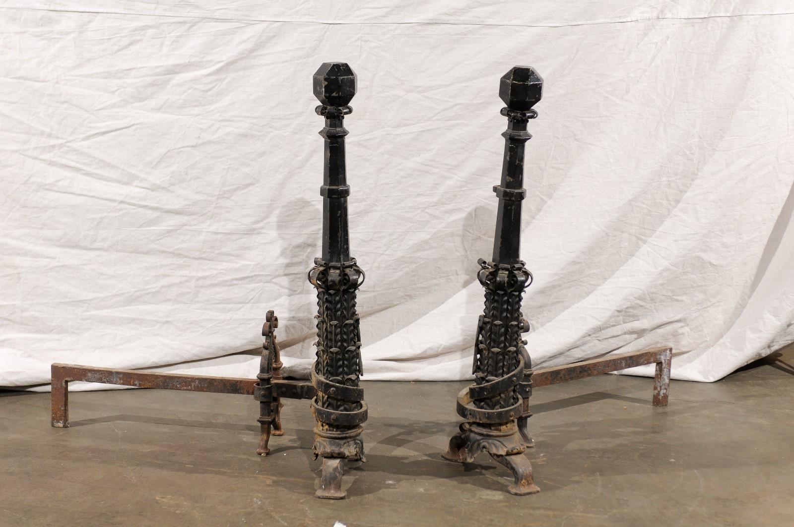 Iron Pair of Large Scale American Andirons, circa 1880-1920 For Sale