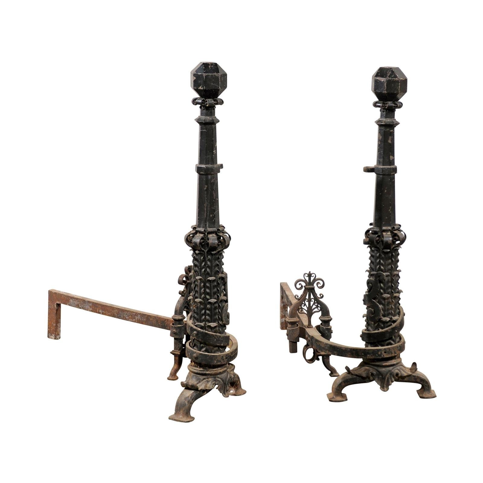Pair of Large Scale American Andirons, circa 1880-1920 For Sale