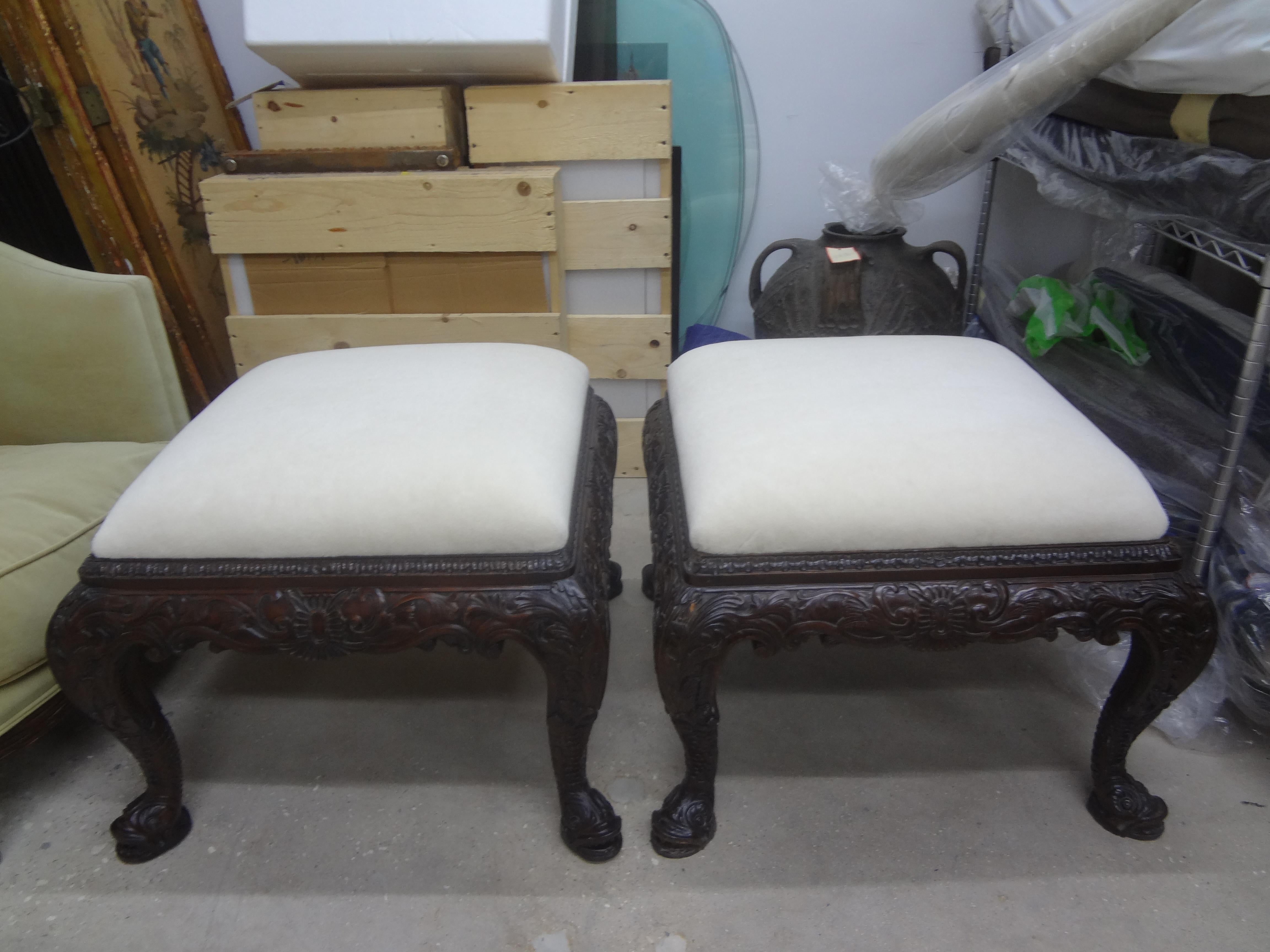 Pair of Large Scale Antique English Regency Style Ottomans with Dolphin Feet In Good Condition For Sale In Houston, TX