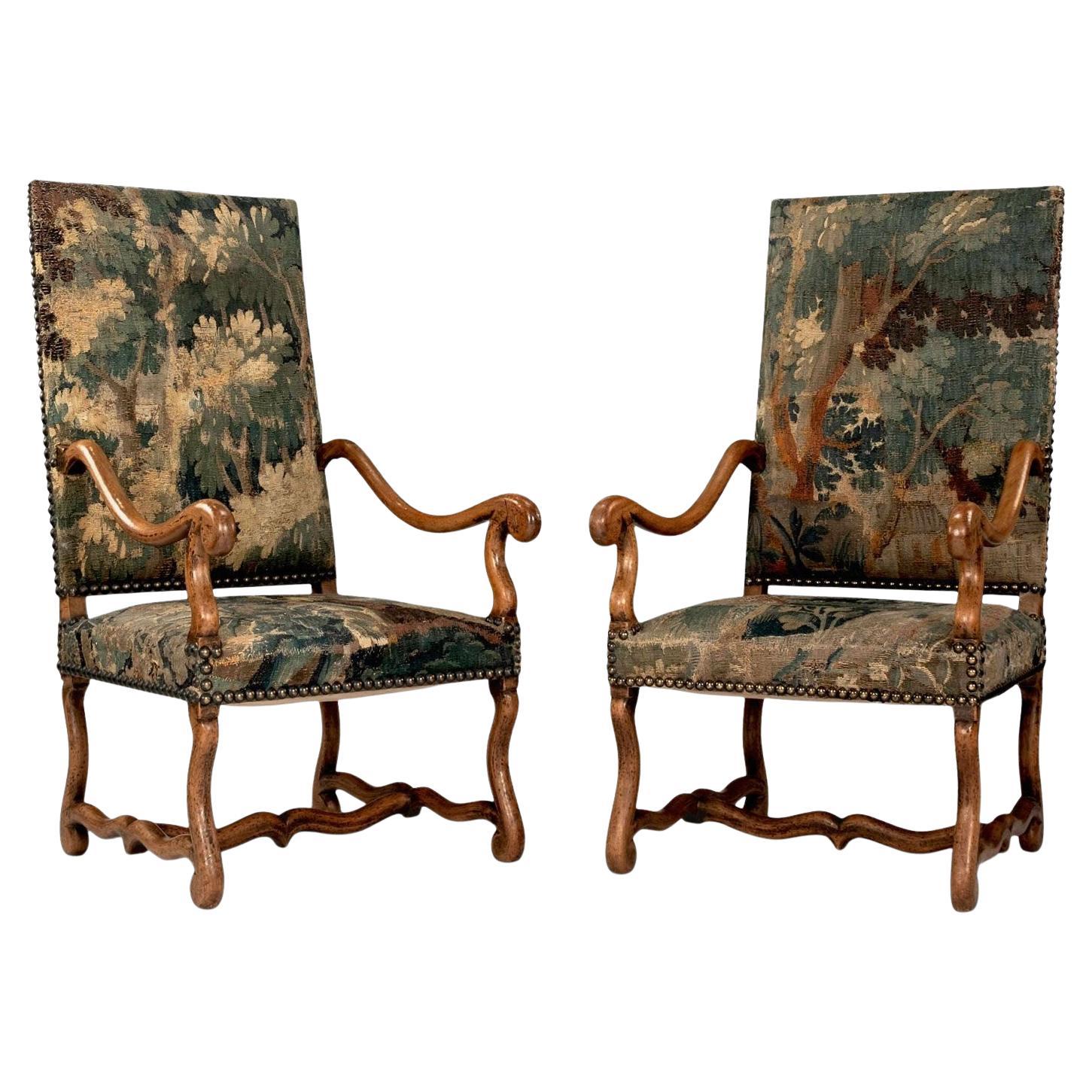 Pair of Large-Scale Armchairs Upholstered in Antique Tapestry