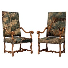 Pair of Large-Scale Armchairs Upholstered in Antique Tapestry