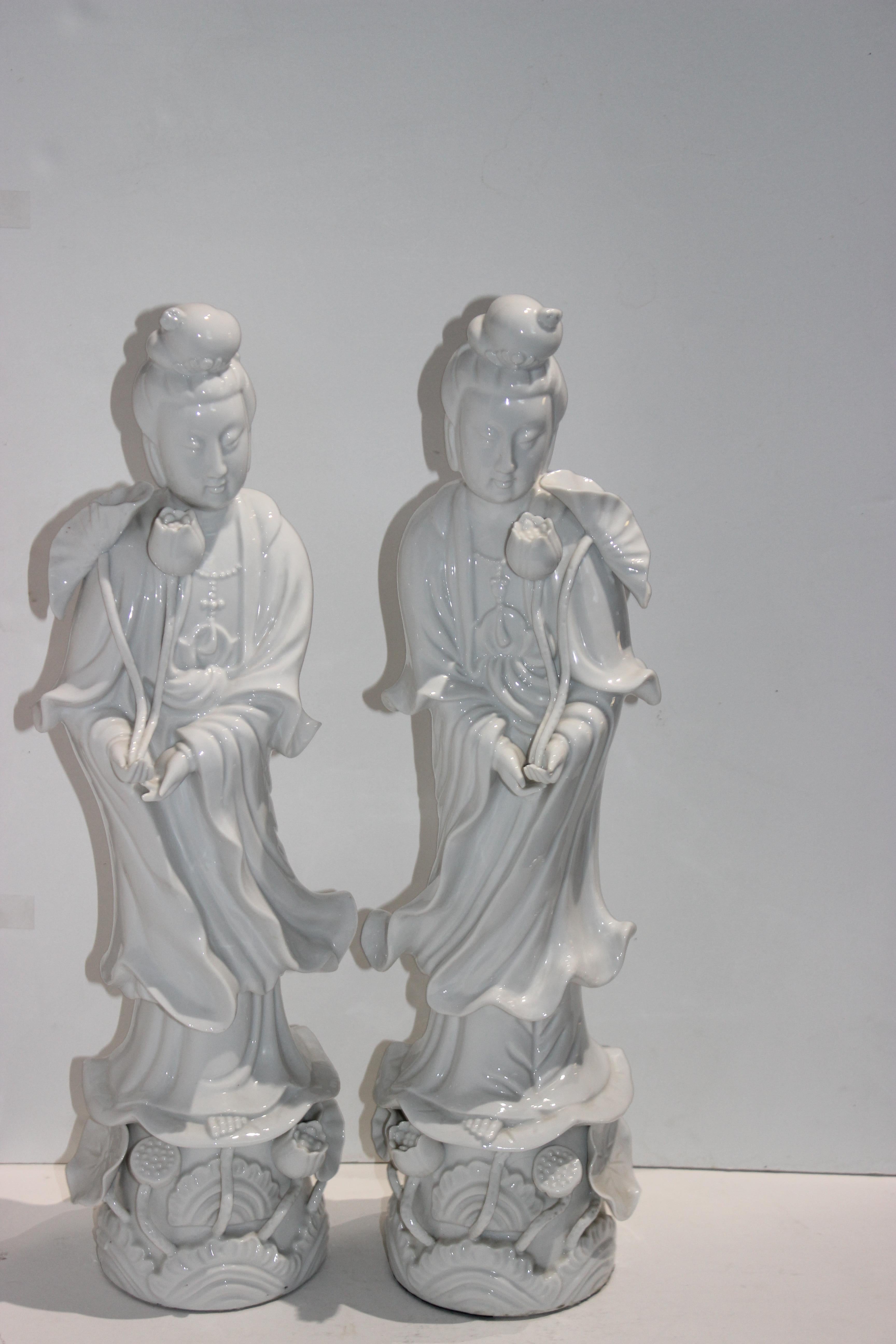 Chinese Pair of Large Scale Blanc de Chine Quan Yin Figures