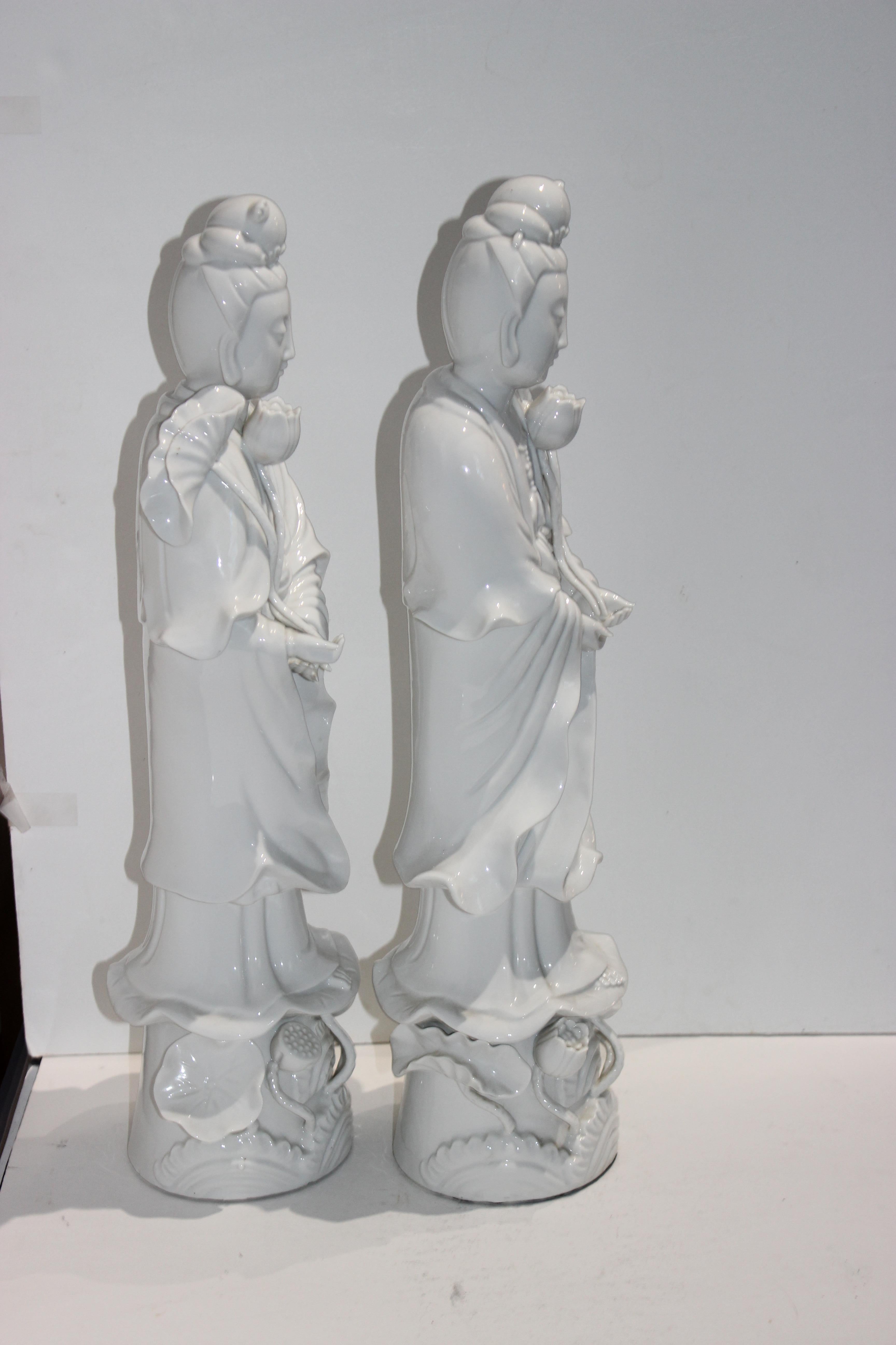 Glazed Pair of Large Scale Blanc de Chine Quan Yin Figures
