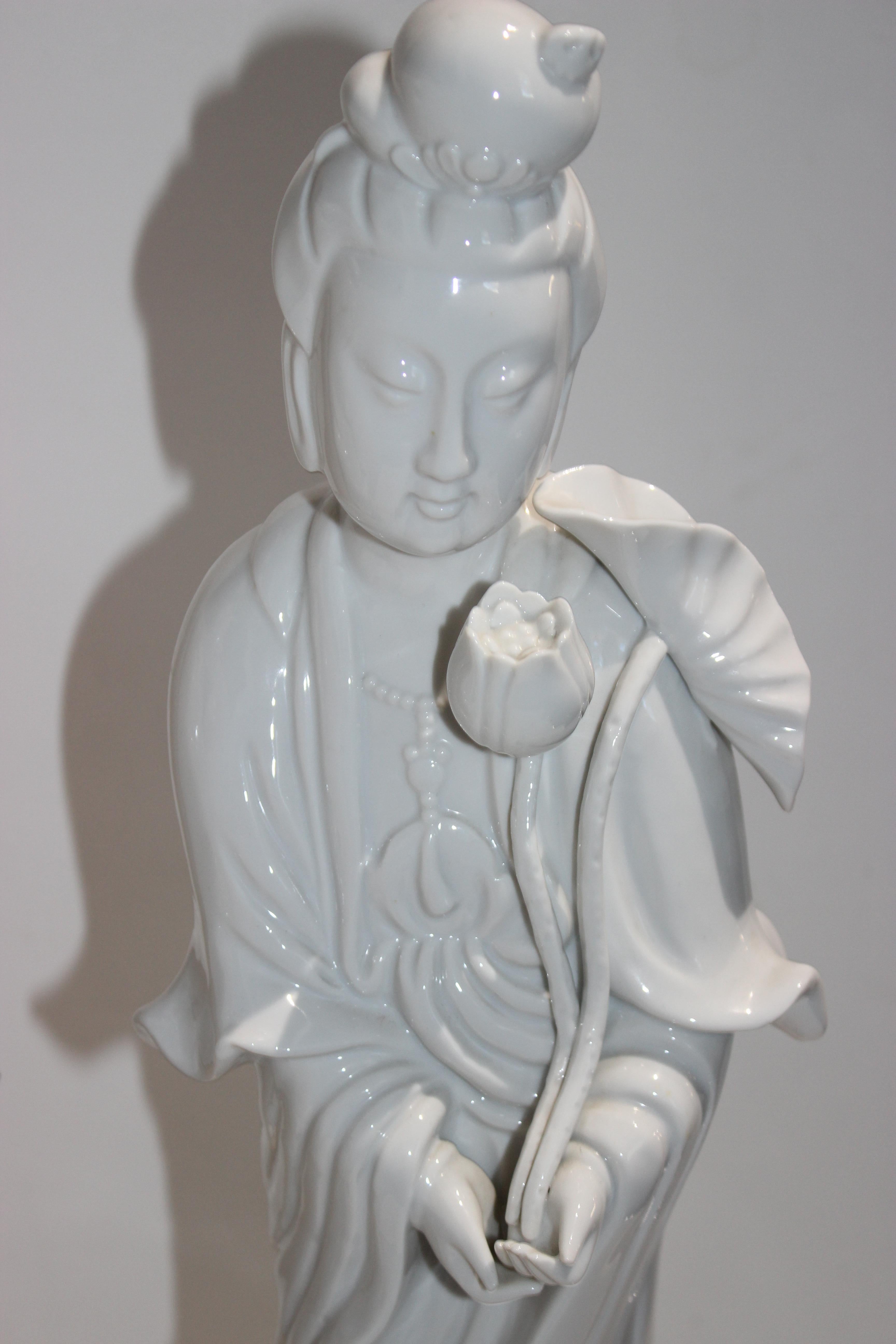Porcelain Pair of Large Scale Blanc de Chine Quan Yin Figures