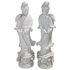 Pair of Large Scale Blanc de Chine Quan Yin Figures