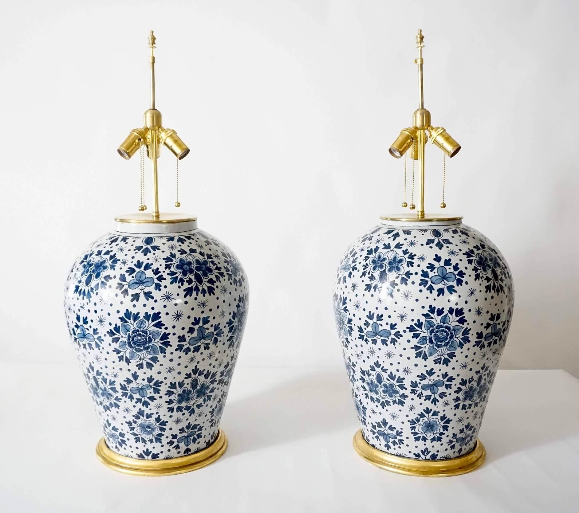 19th Century Pair of Large Scale Blue and White Dutch Delft Vase Table Lamps, circa 1850 For Sale