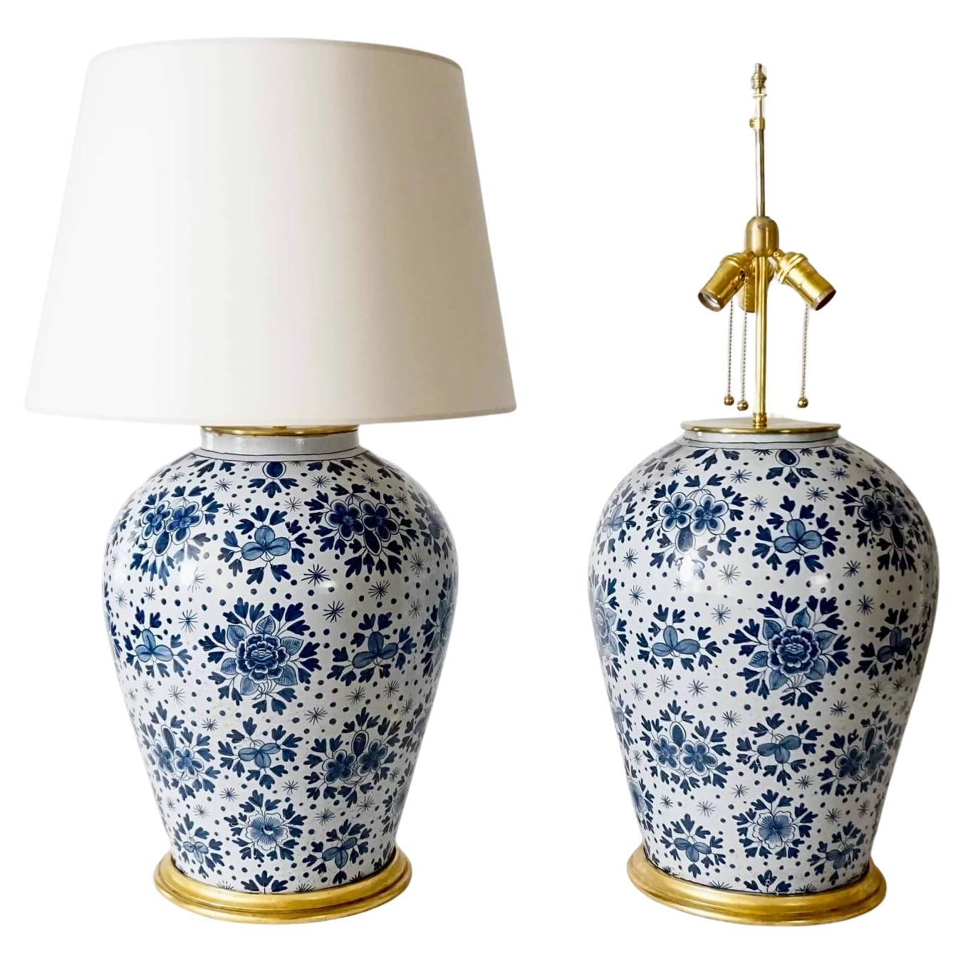 Pair of Large Scale Blue and White Dutch Delft Vase Table Lamps, circa 1850