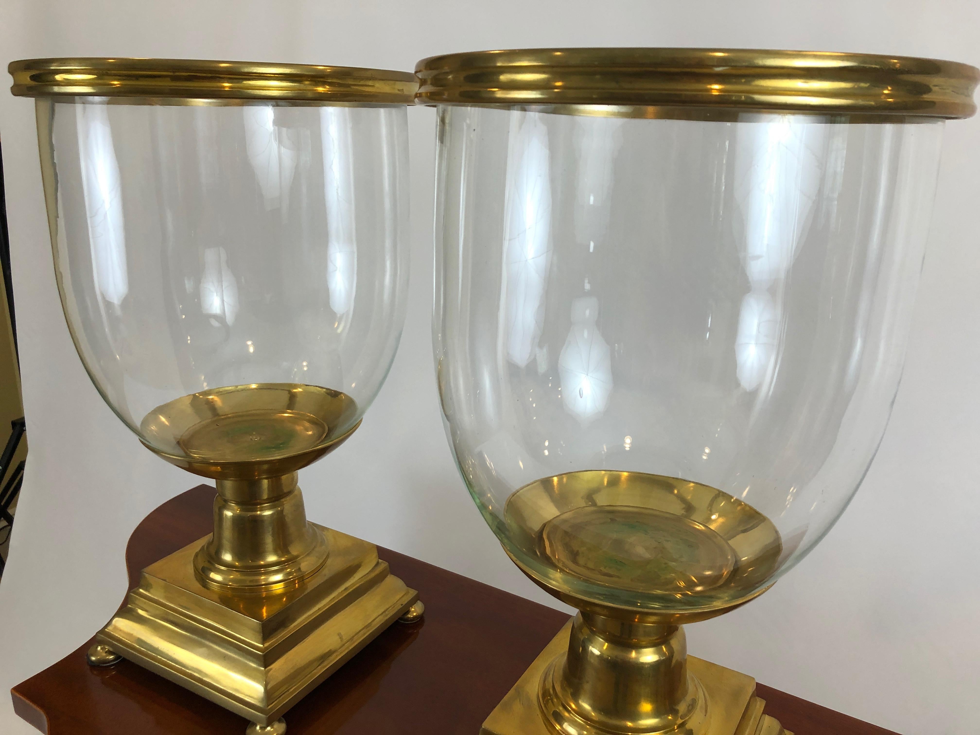 Late 20th Century Pair of Large Scale Brass and Blown Glass Hurricanes