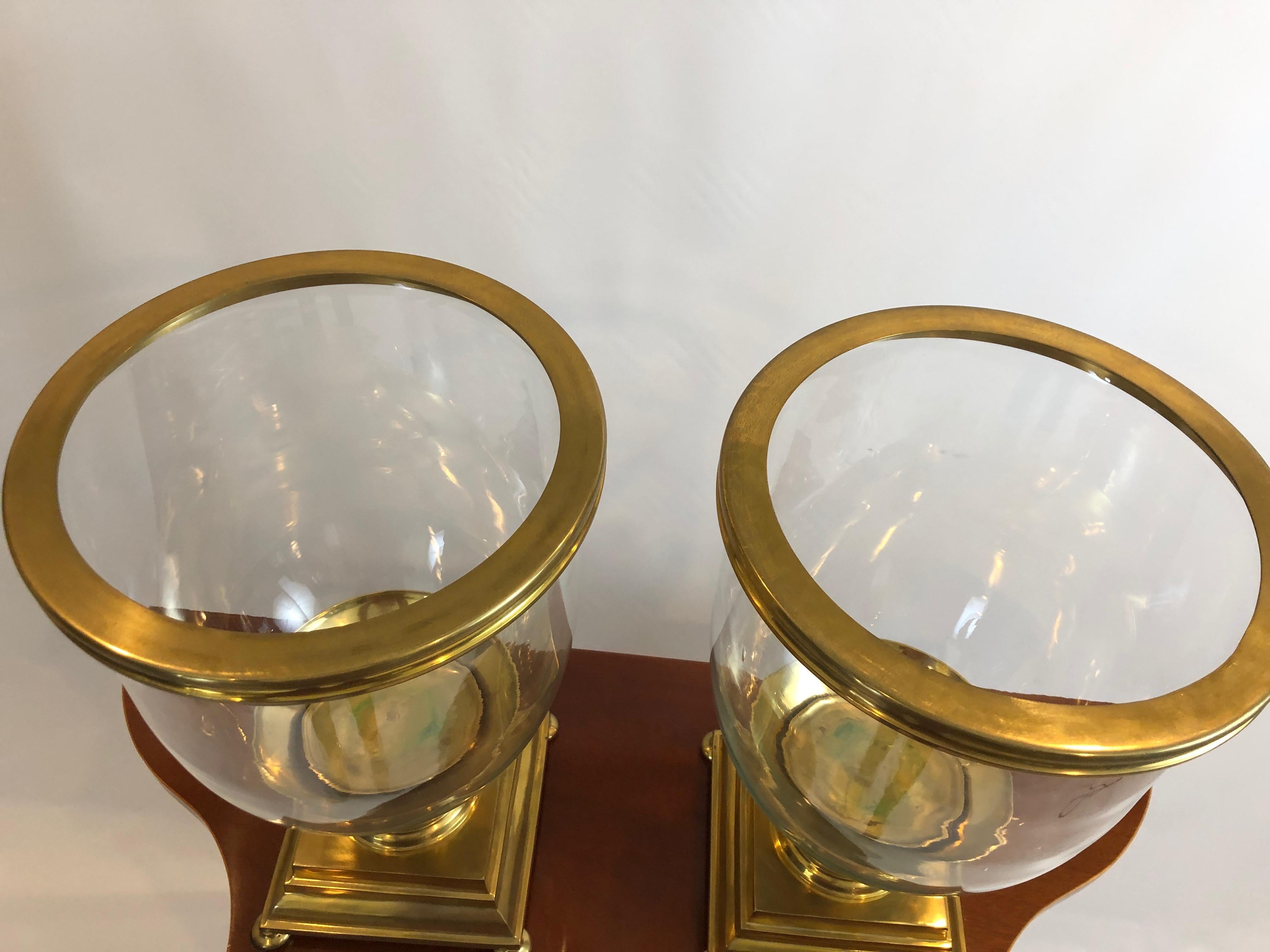 Pair of Large Scale Brass and Blown Glass Hurricanes 1