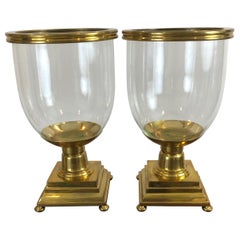 Pair of Large Scale Brass and Blown Glass Hurricanes