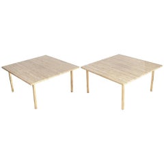 Used Pair of Large-Scale Brass and Travertine Tables in the Manner of Paul McCobb