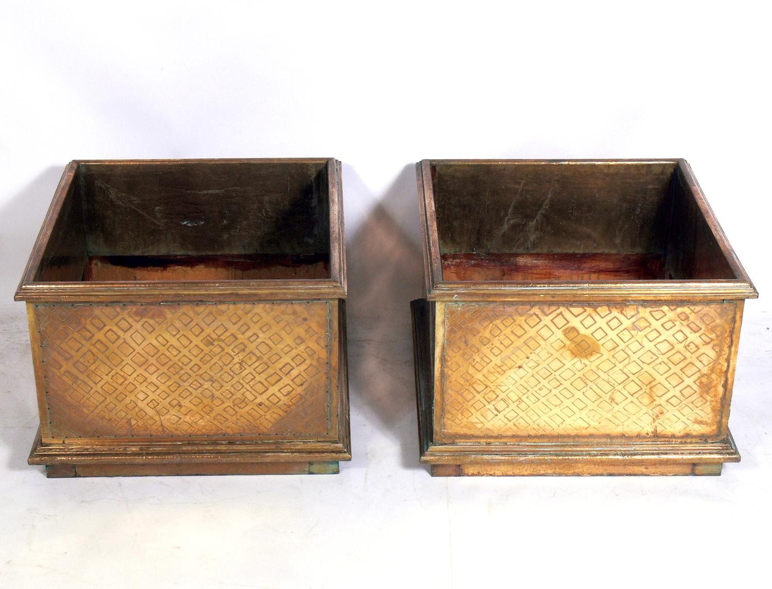Pair of large-scale brass planters by Rodolfo Dubarry, Spanish, circa 1960s. Signed with impressed signature 