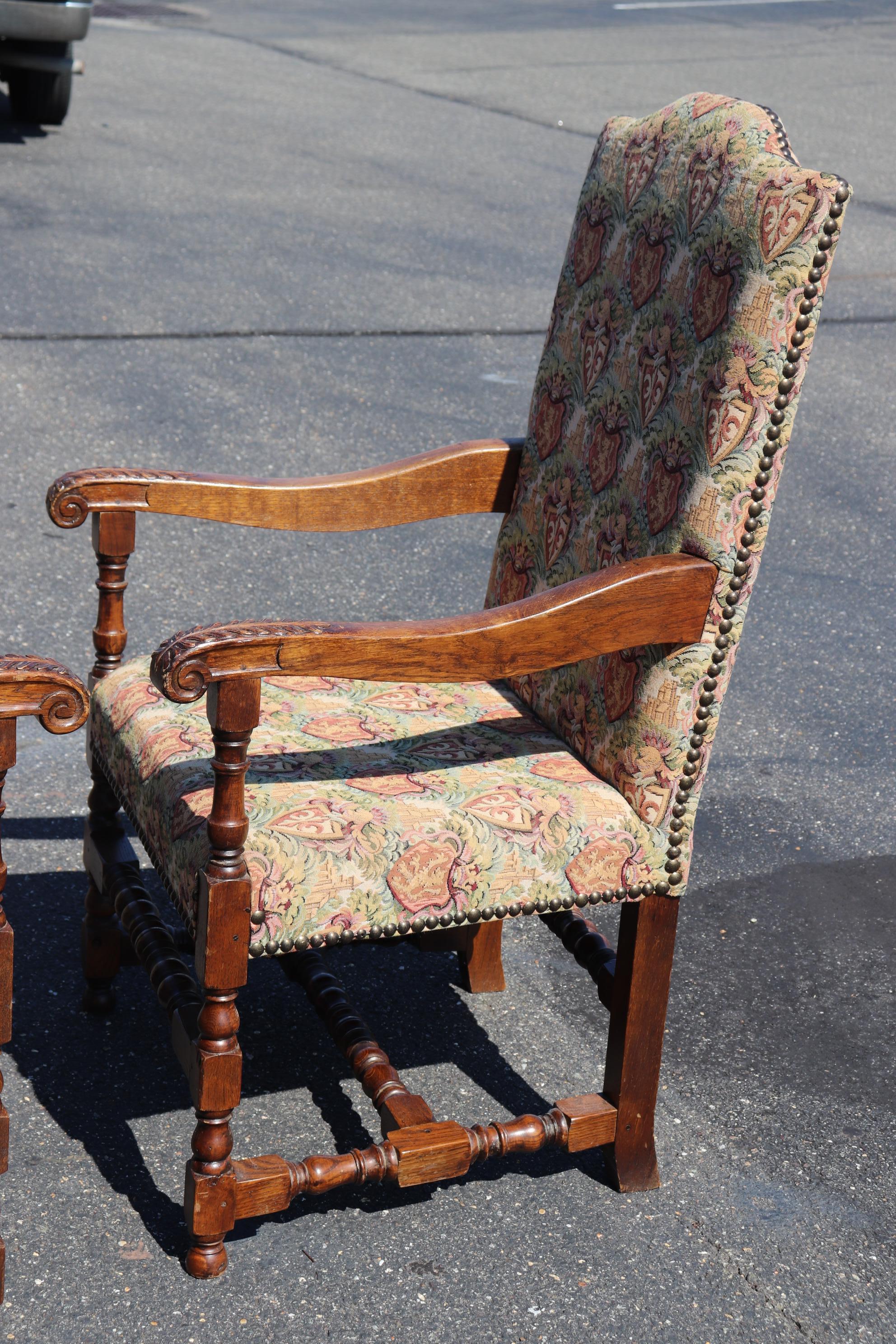 Pair of Large Scale Carved Oak Tapestry Throne Head Dining Chairs circa 1950 4