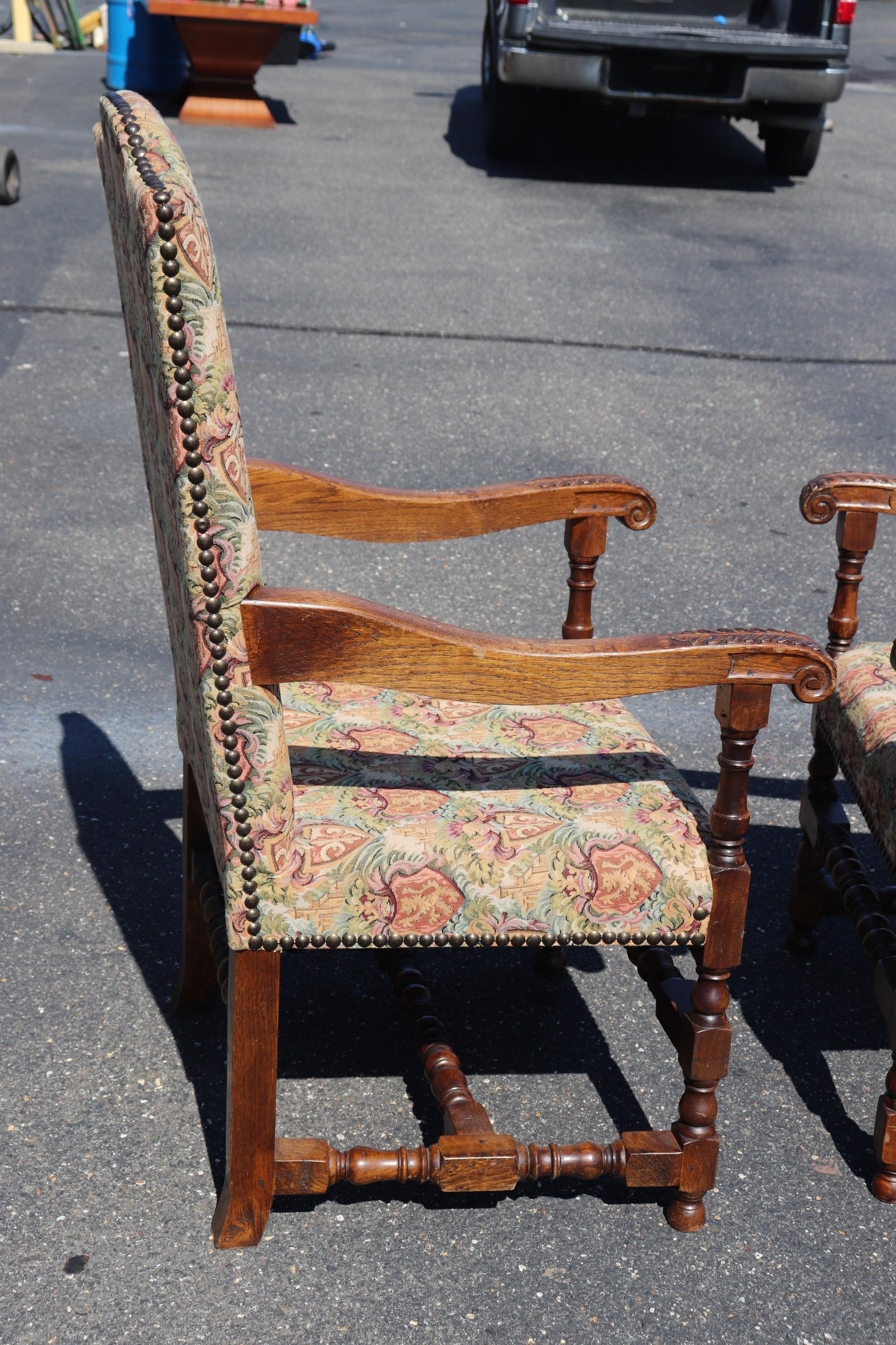 Pair of Large Scale Carved Oak Tapestry Throne Head Dining Chairs circa 1950 5