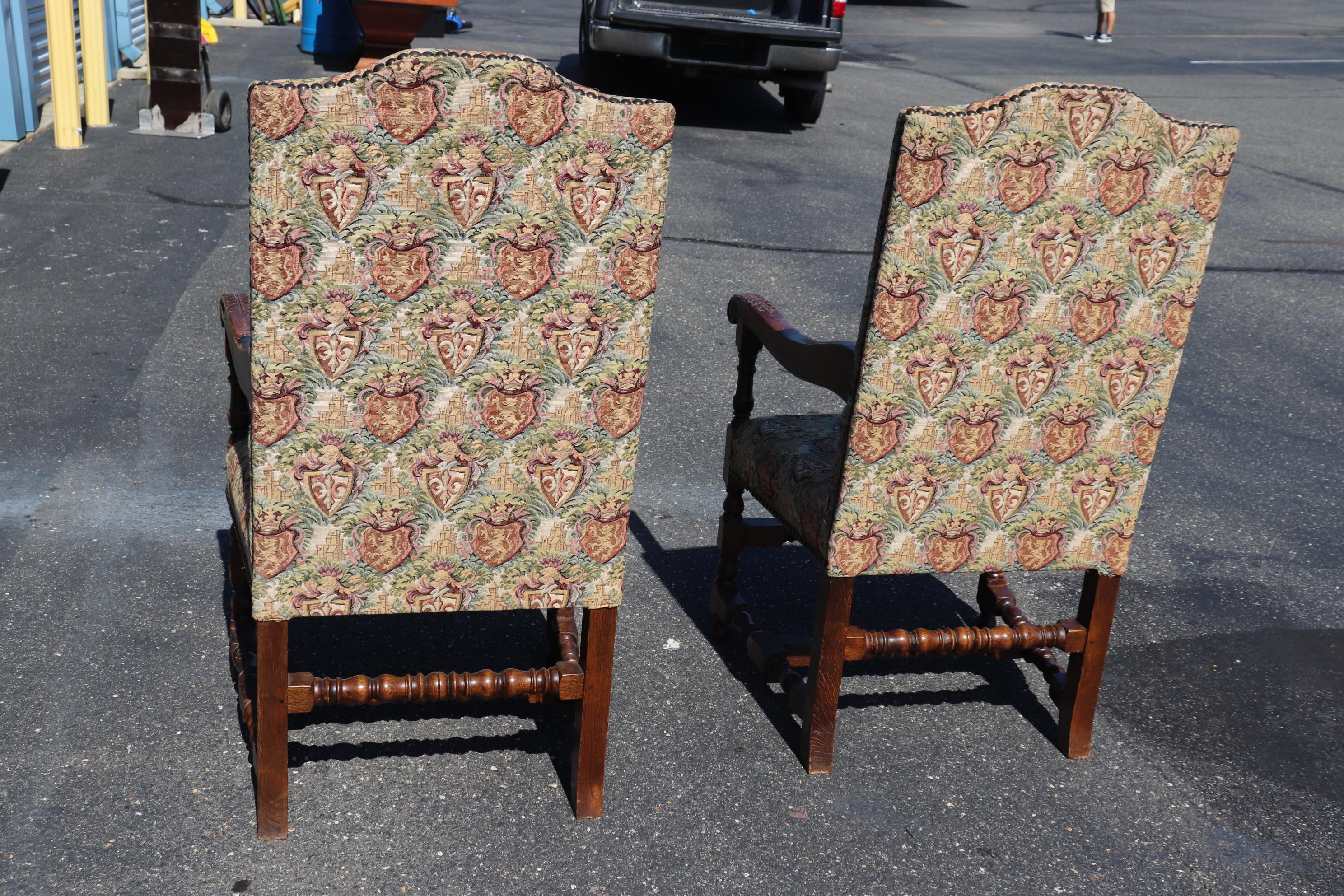 Pair of Large Scale Carved Oak Tapestry Throne Head Dining Chairs circa 1950 6