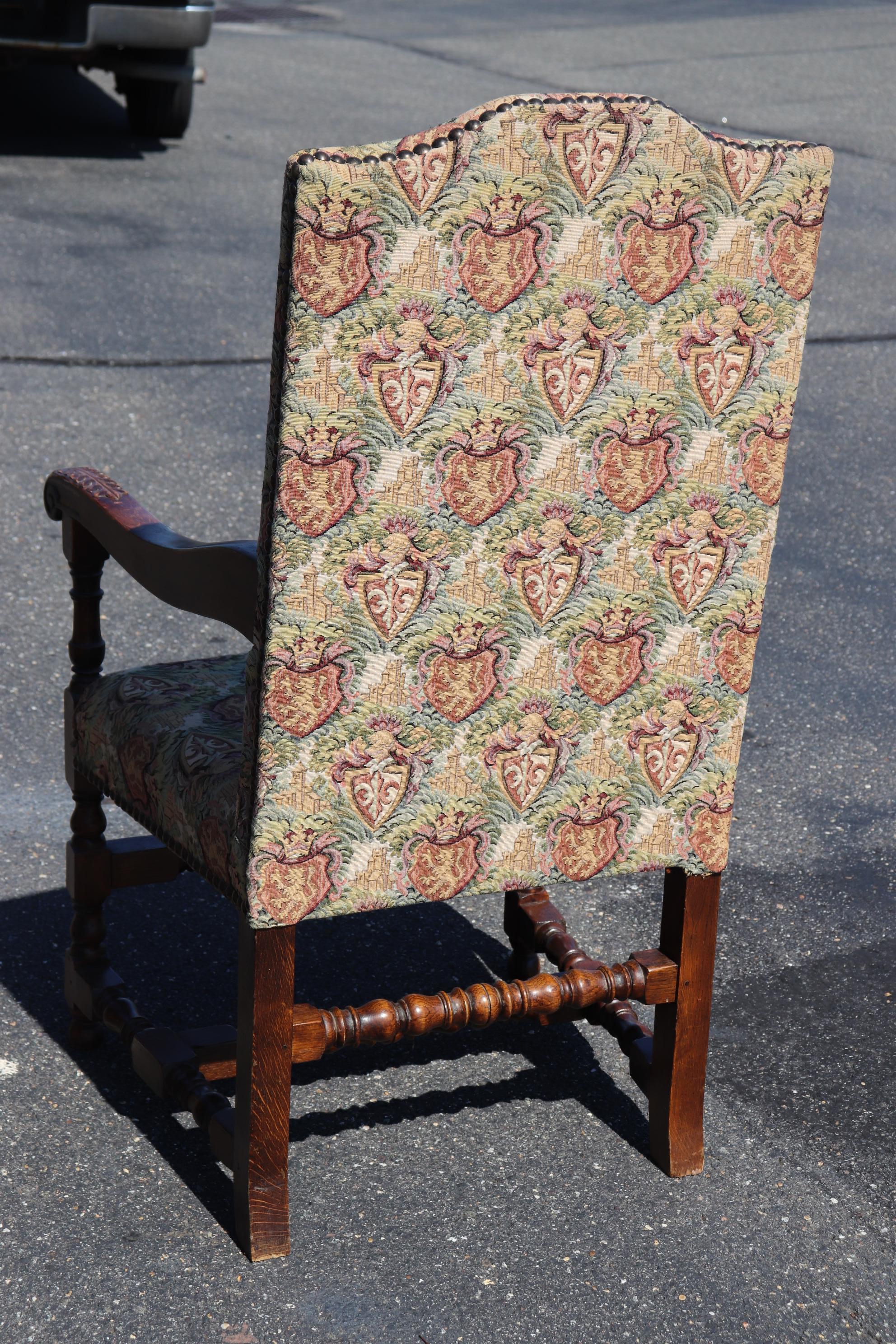 Pair of Large Scale Carved Oak Tapestry Throne Head Dining Chairs circa 1950 7