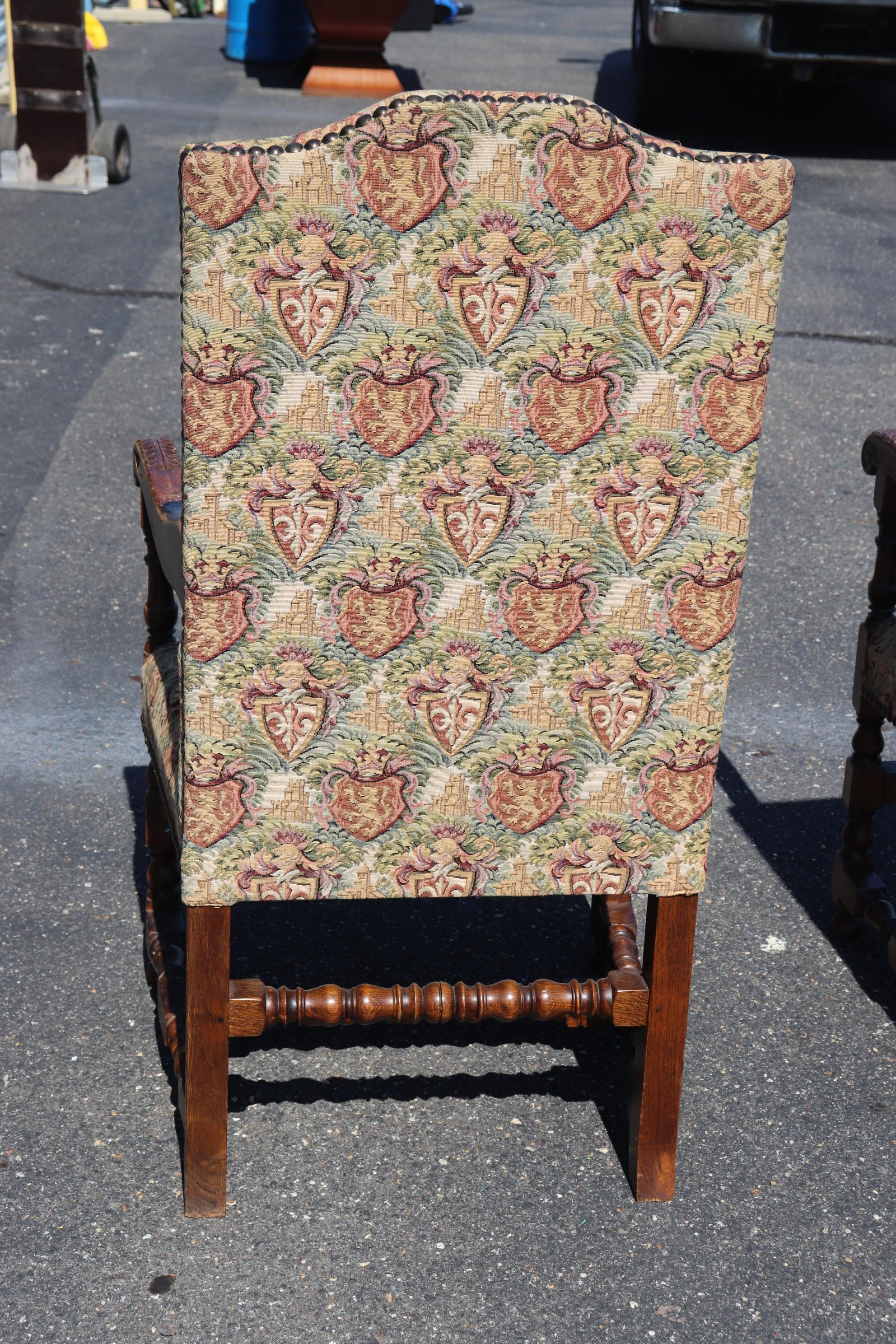 Pair of Large Scale Carved Oak Tapestry Throne Head Dining Chairs circa 1950 8