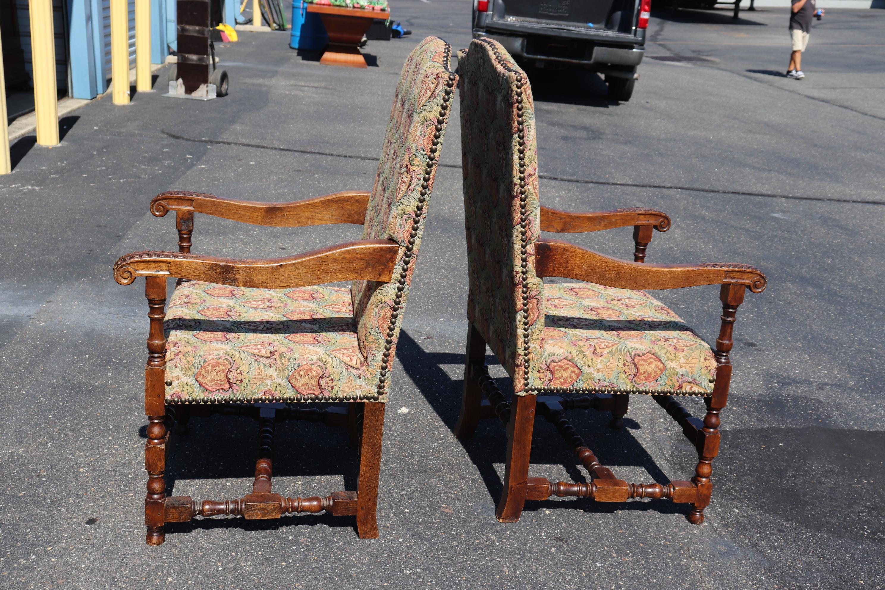 Pair of Large Scale Carved Oak Tapestry Throne Head Dining Chairs circa 1950 9