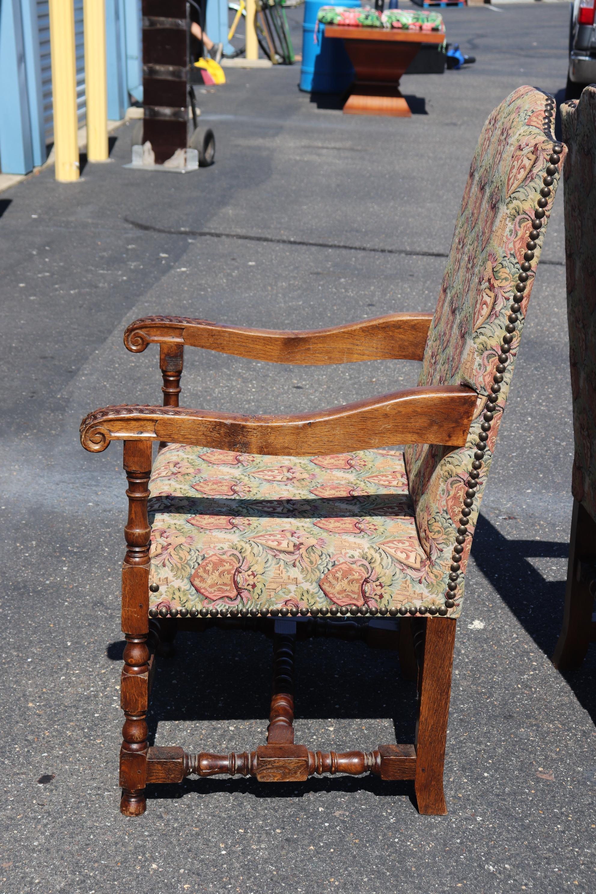 Pair of Large Scale Carved Oak Tapestry Throne Head Dining Chairs circa 1950 10