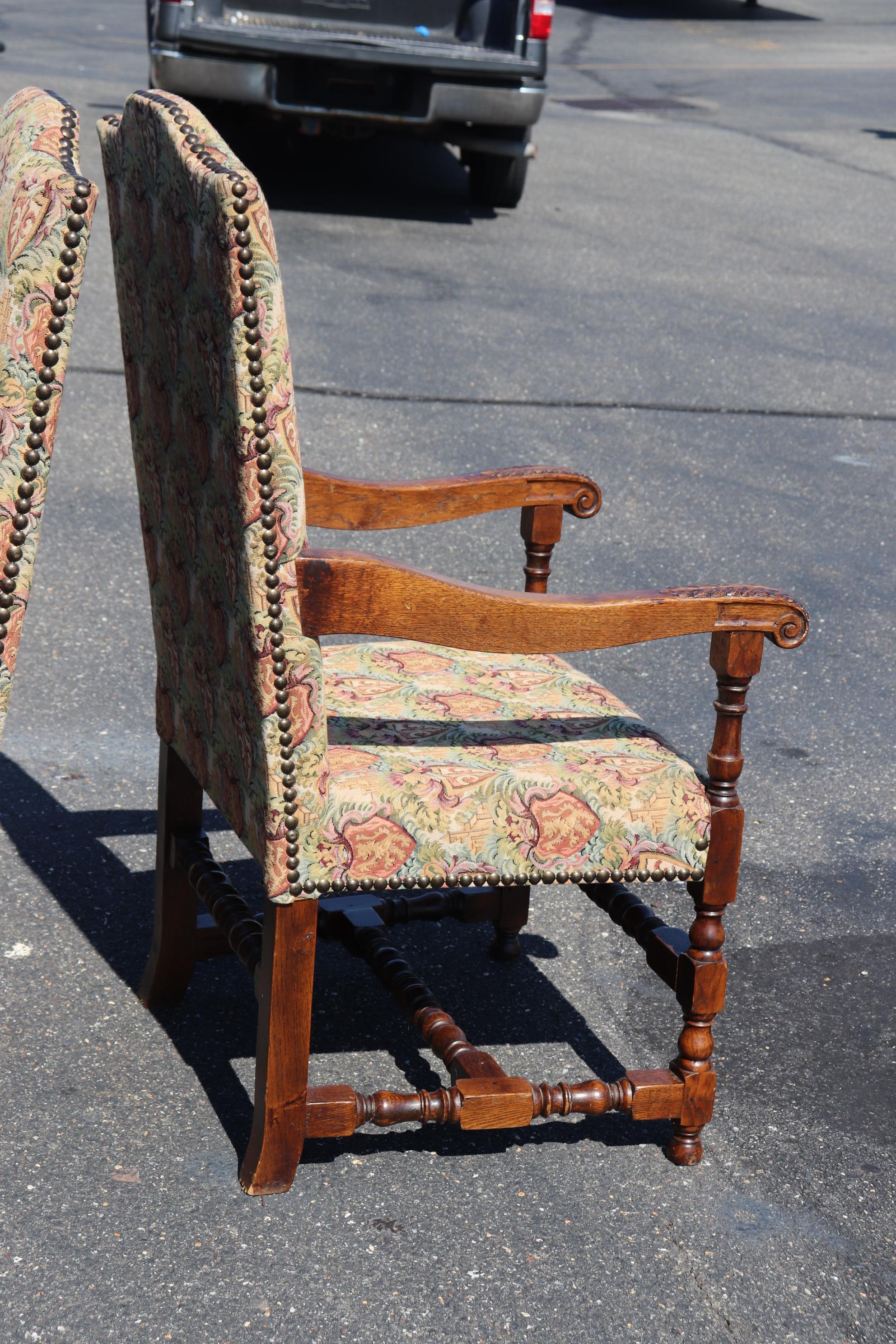Pair of Large Scale Carved Oak Tapestry Throne Head Dining Chairs circa 1950 11