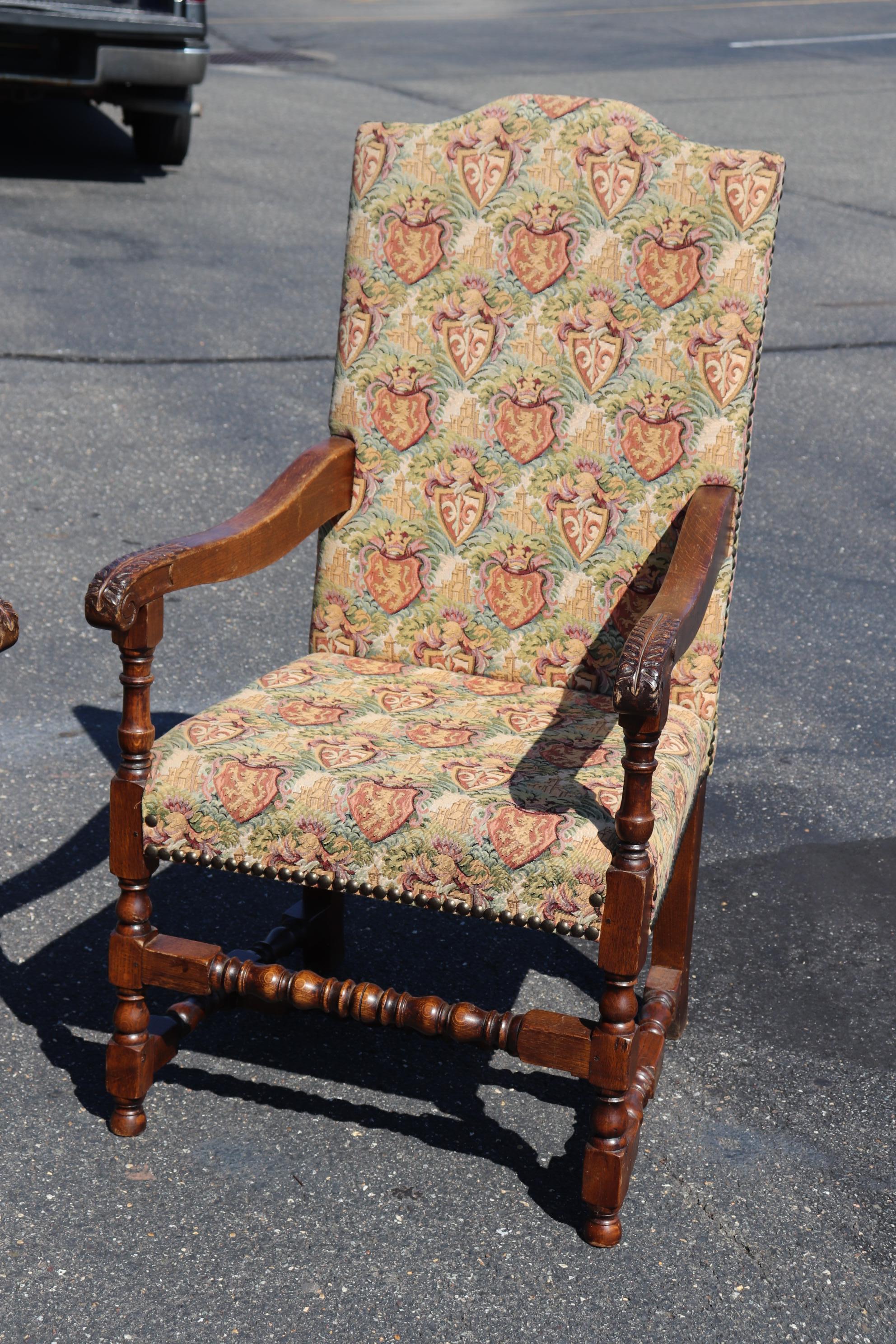 George III Pair of Large Scale Carved Oak Tapestry Throne Head Dining Chairs circa 1950