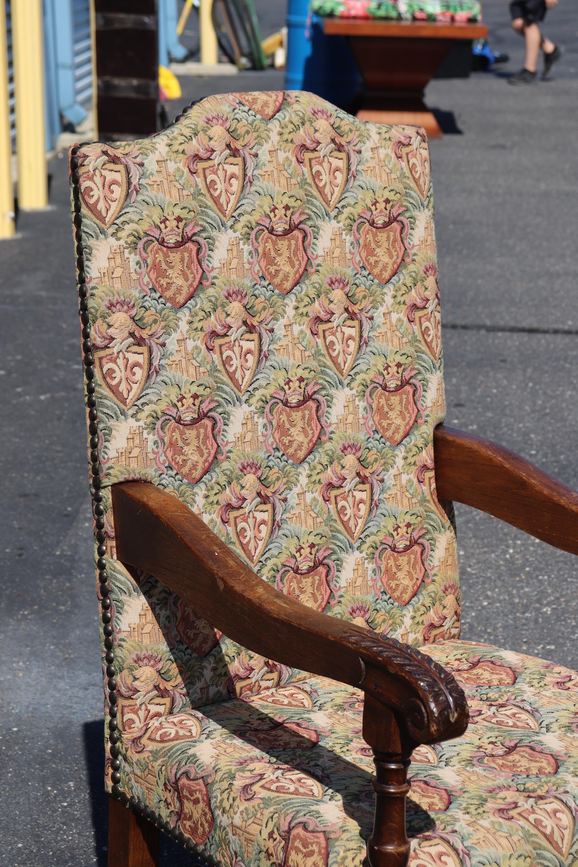 Pair of Large Scale Carved Oak Tapestry Throne Head Dining Chairs circa 1950 In Good Condition In Swedesboro, NJ