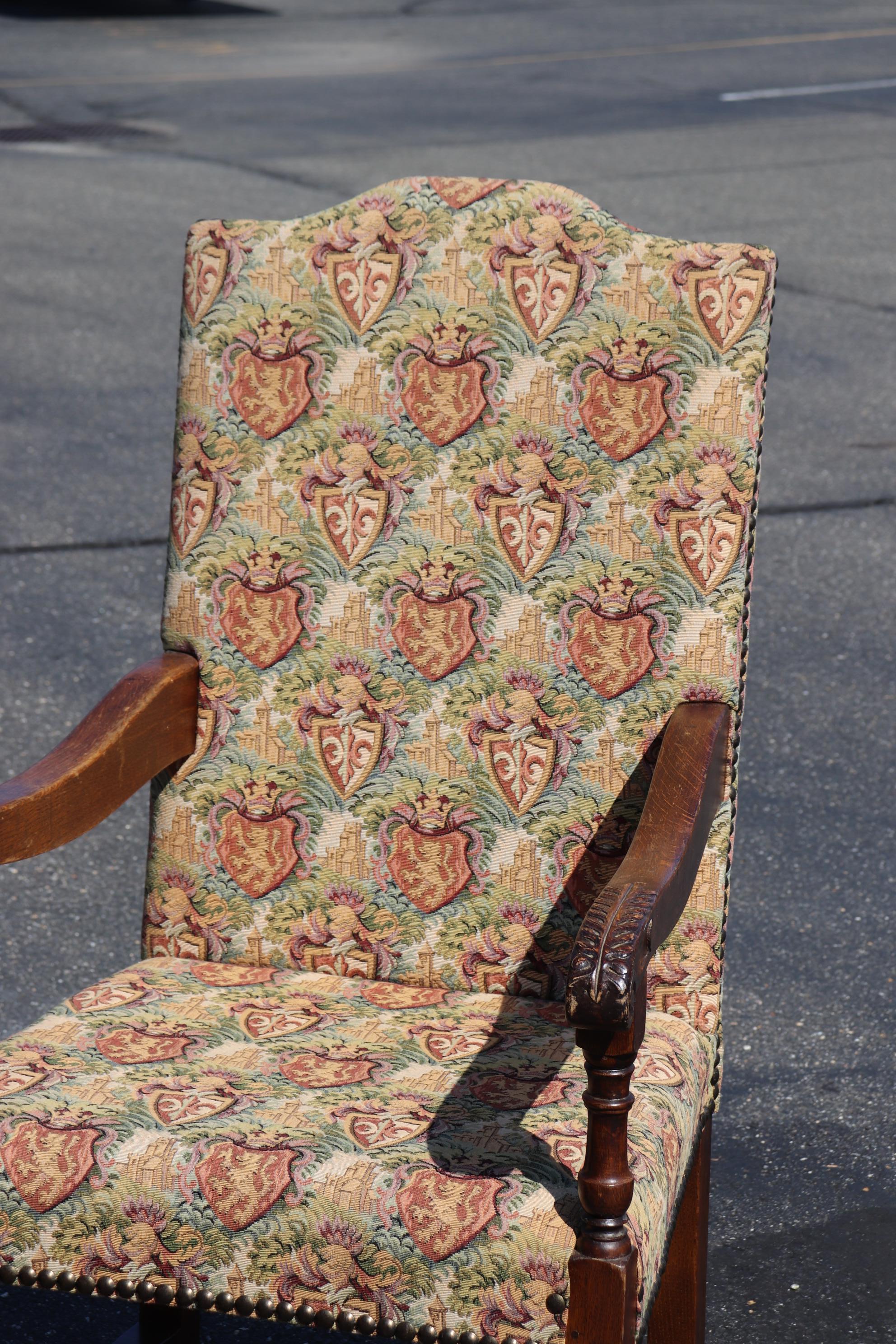 Mid-20th Century Pair of Large Scale Carved Oak Tapestry Throne Head Dining Chairs circa 1950