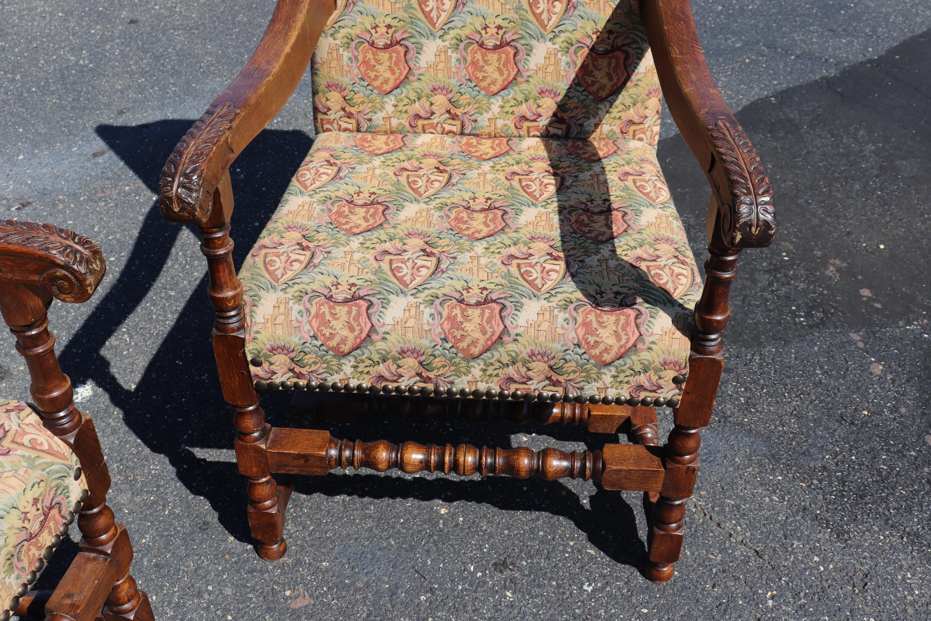 Pair of Large Scale Carved Oak Tapestry Throne Head Dining Chairs circa 1950 1
