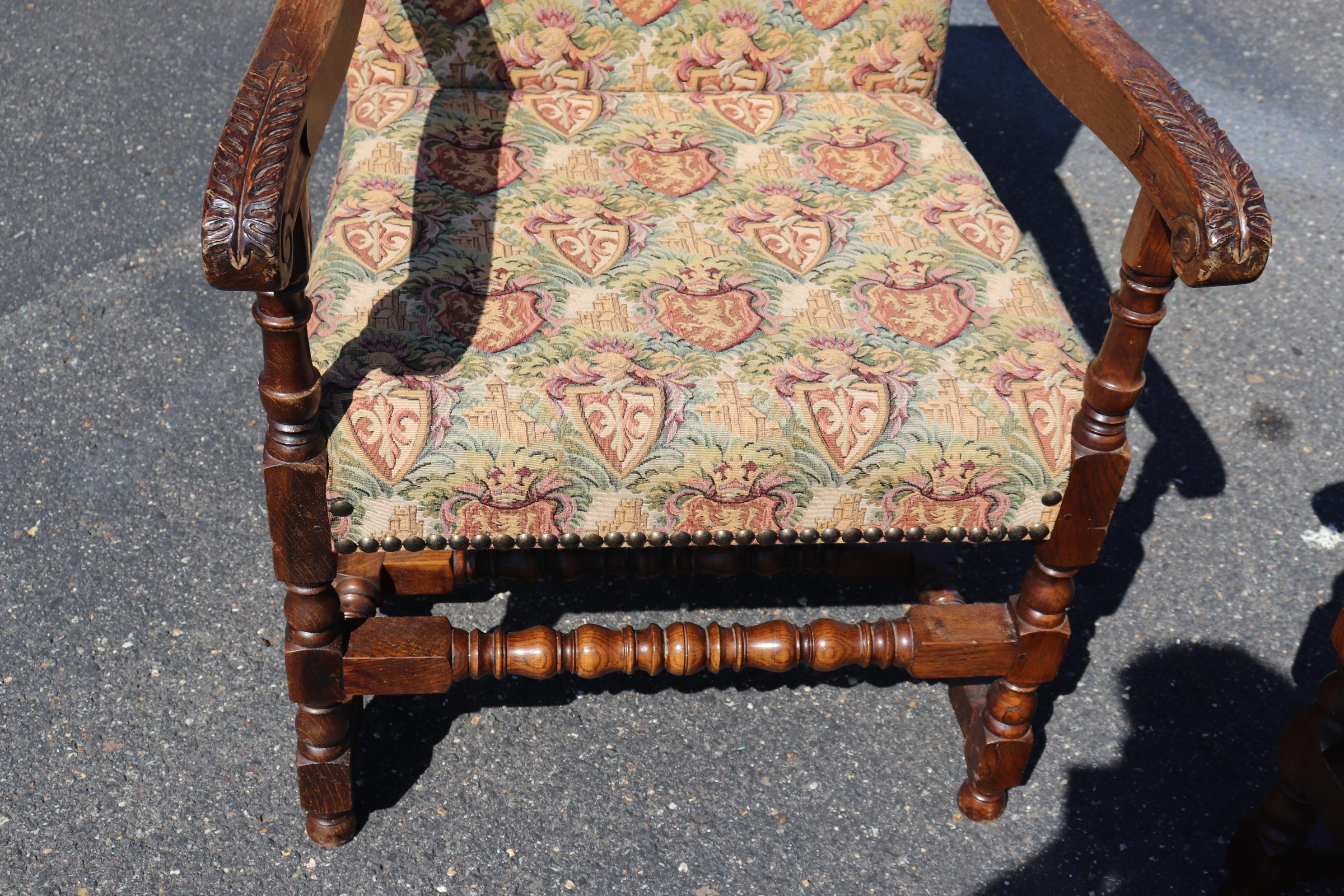 Pair of Large Scale Carved Oak Tapestry Throne Head Dining Chairs circa 1950 2