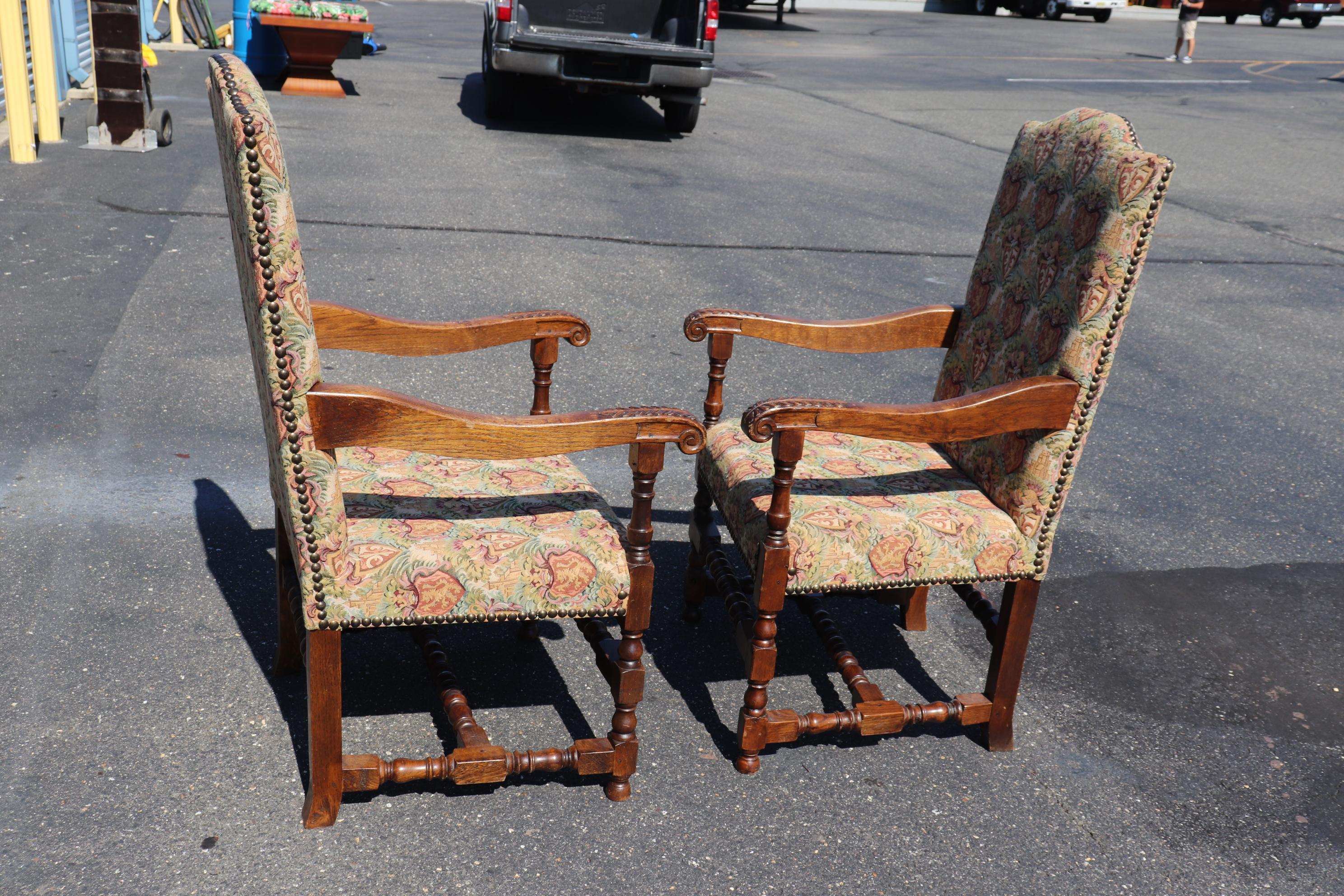 Pair of Large Scale Carved Oak Tapestry Throne Head Dining Chairs circa 1950 3