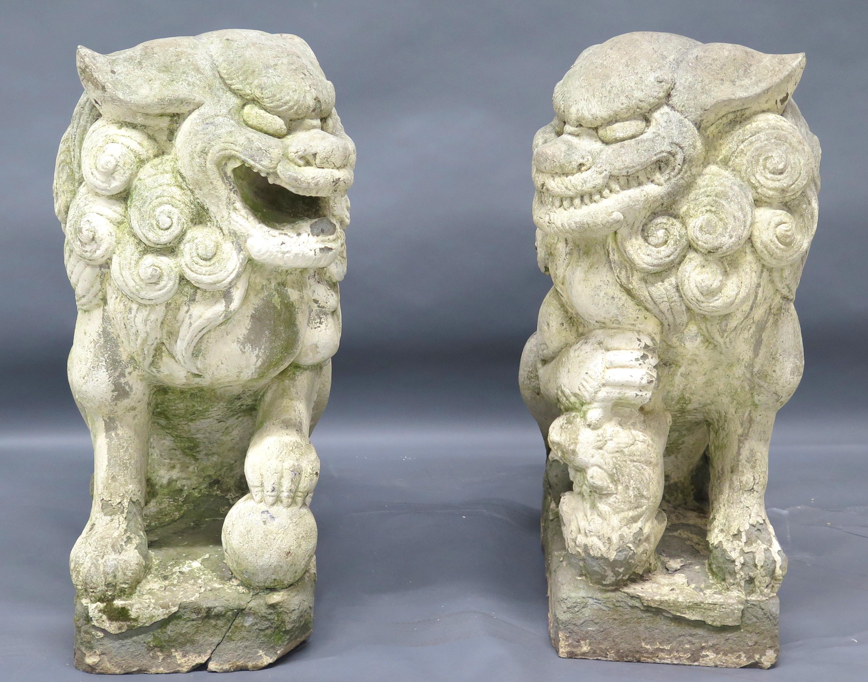 Pair of Large Scale Carved Stone Chinese Foo Dogs / Temple Lions For Sale 7