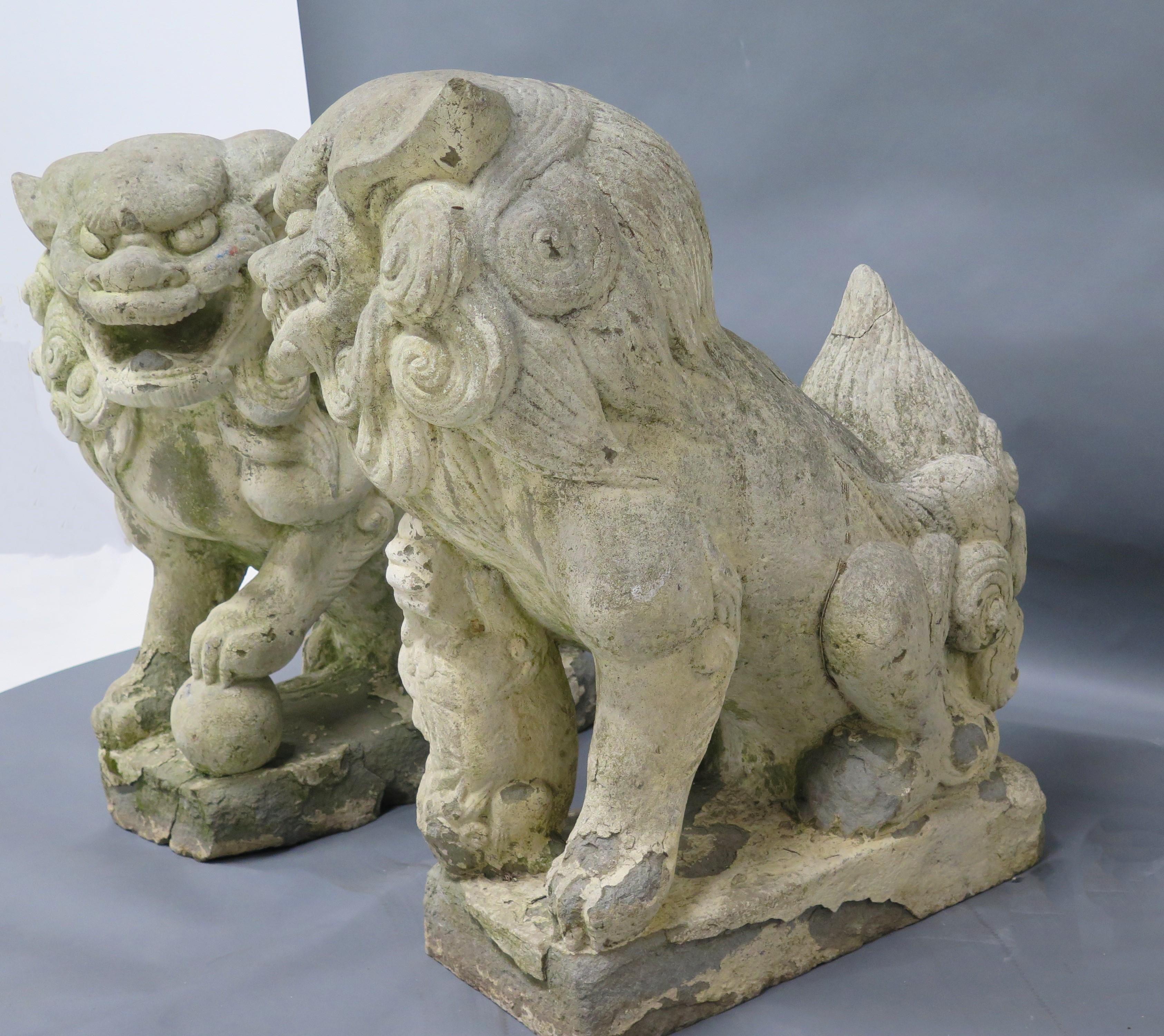 Chinese Export Pair of Large Scale Carved Stone Chinese Foo Dogs / Temple Lions For Sale