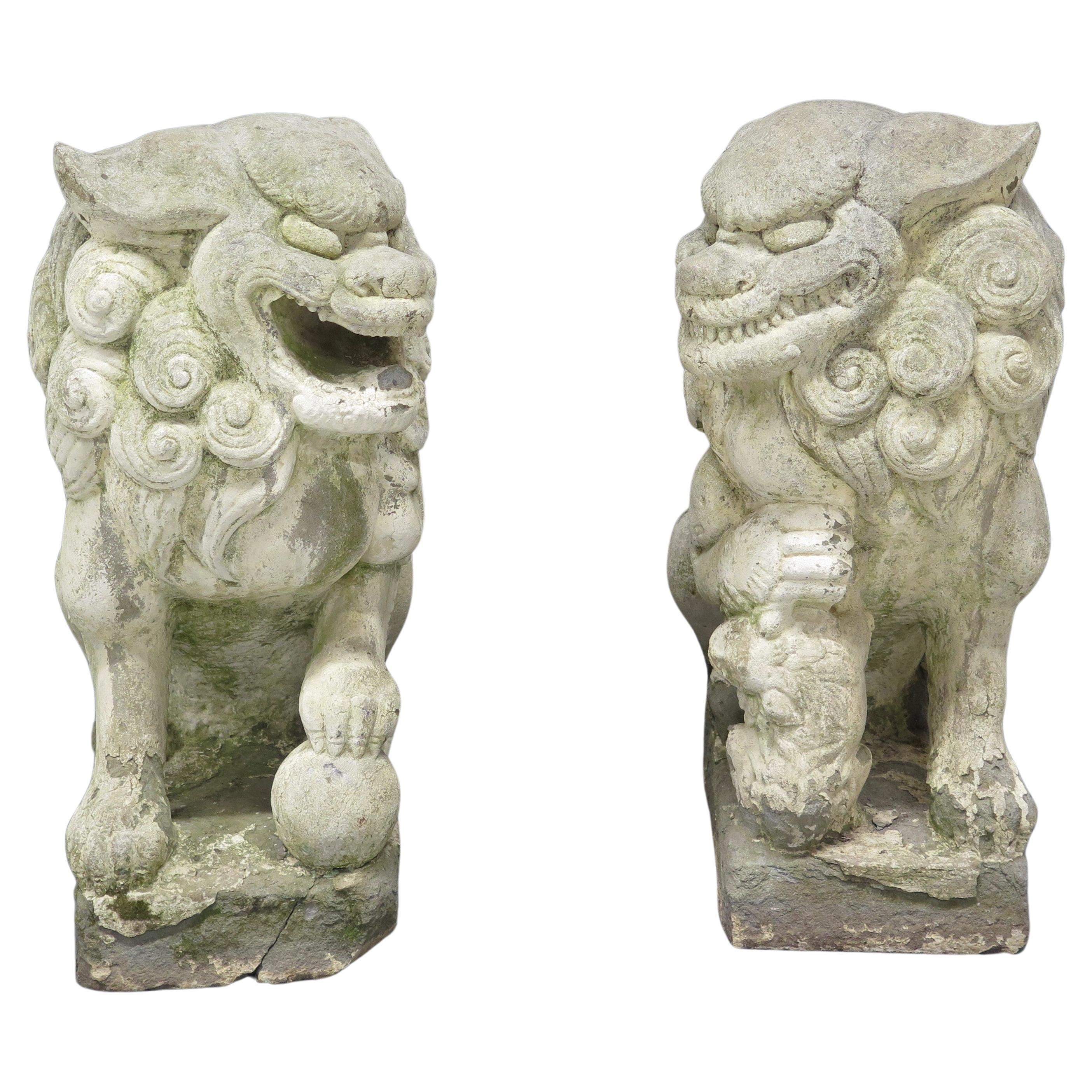 Pair of Large Scale Carved Stone Chinese Foo Dogs / Temple Lions For Sale
