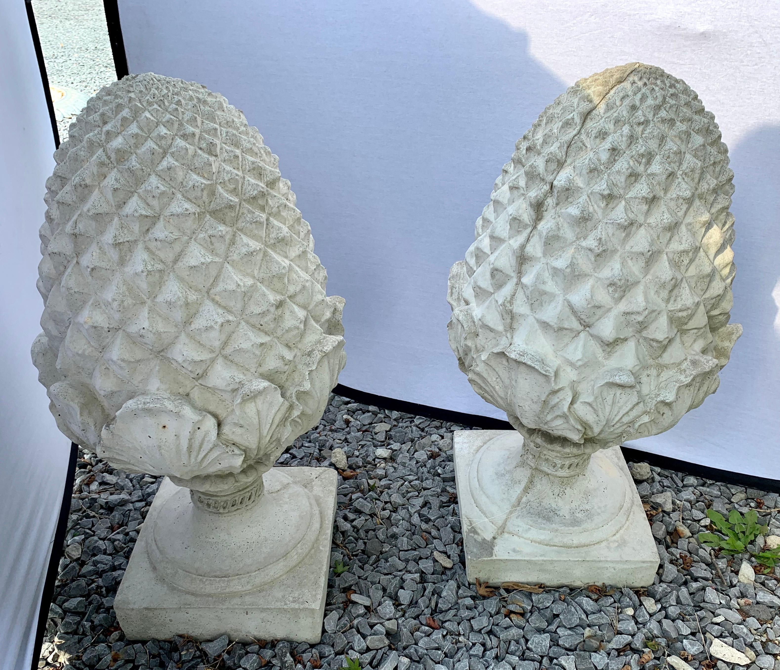 Elegant pair of matching large scale, heavy, cast stone garden artichoke finial sculptures. Now, more than ever, home is where the heart is.