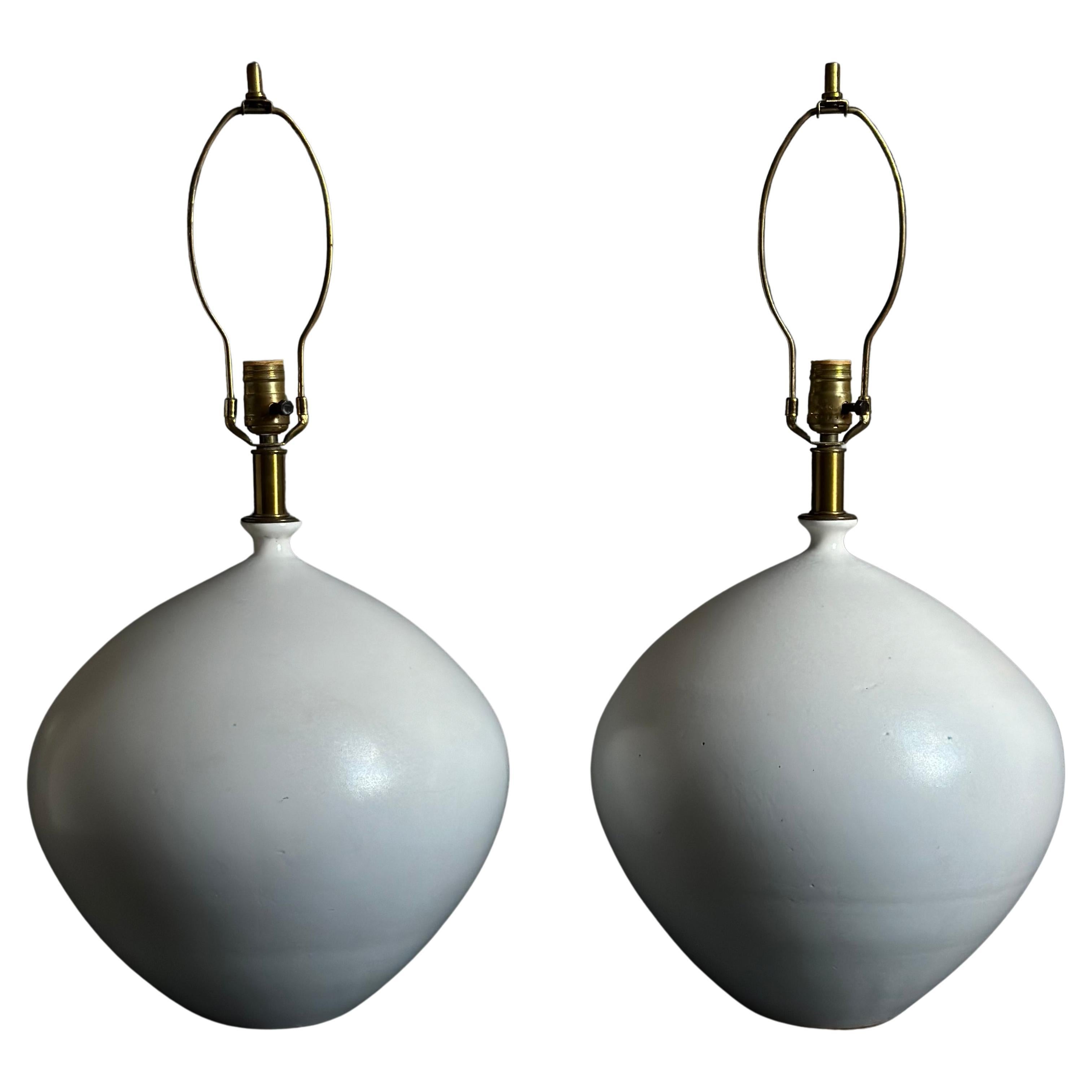 Pair of Large Scale Ceramic Table Lamps in Milk White Glaze by Design Technics For Sale