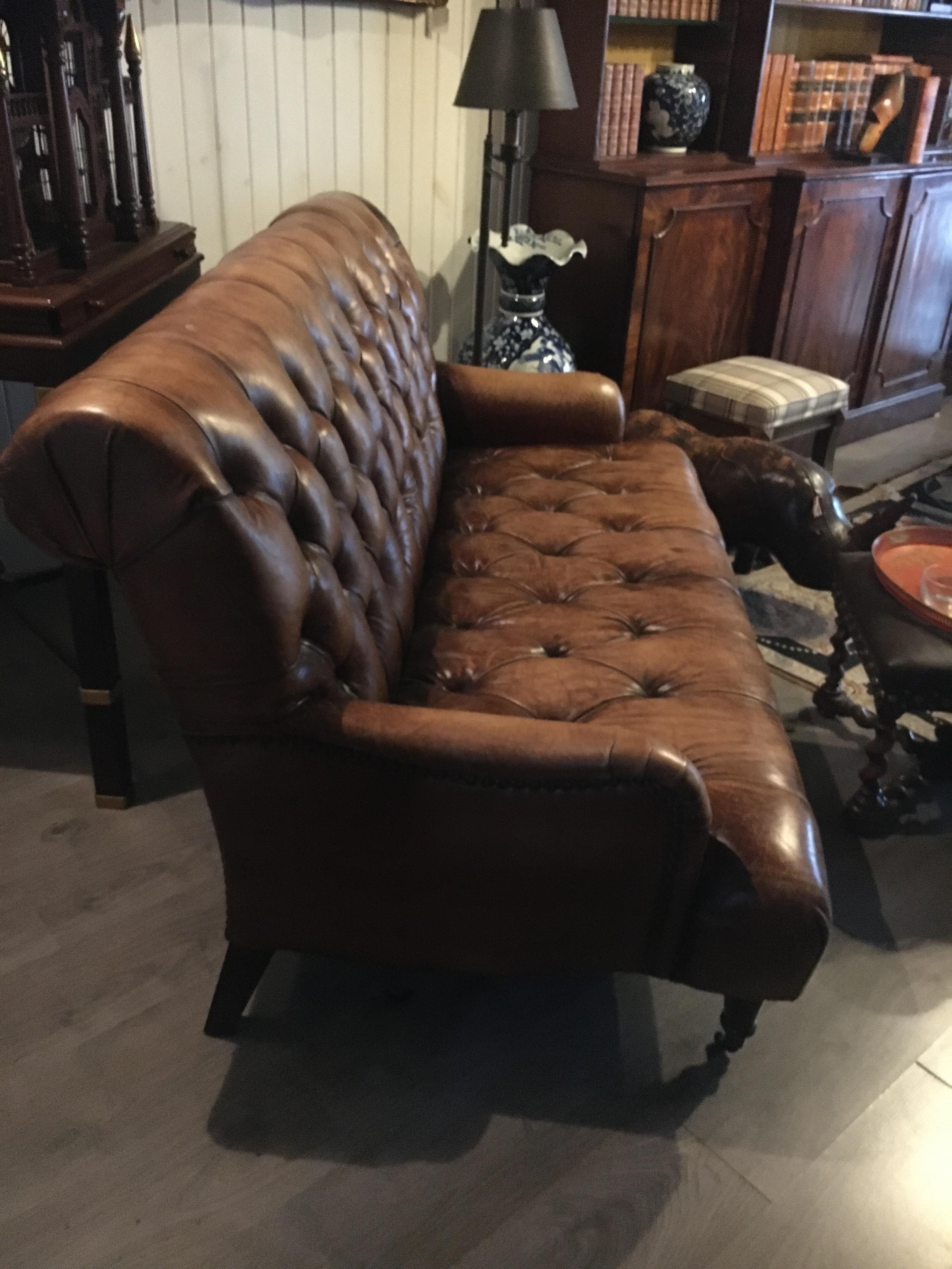 Pair of Large-Scale Chesterfield Club Chairs with Distressed Leather.  8