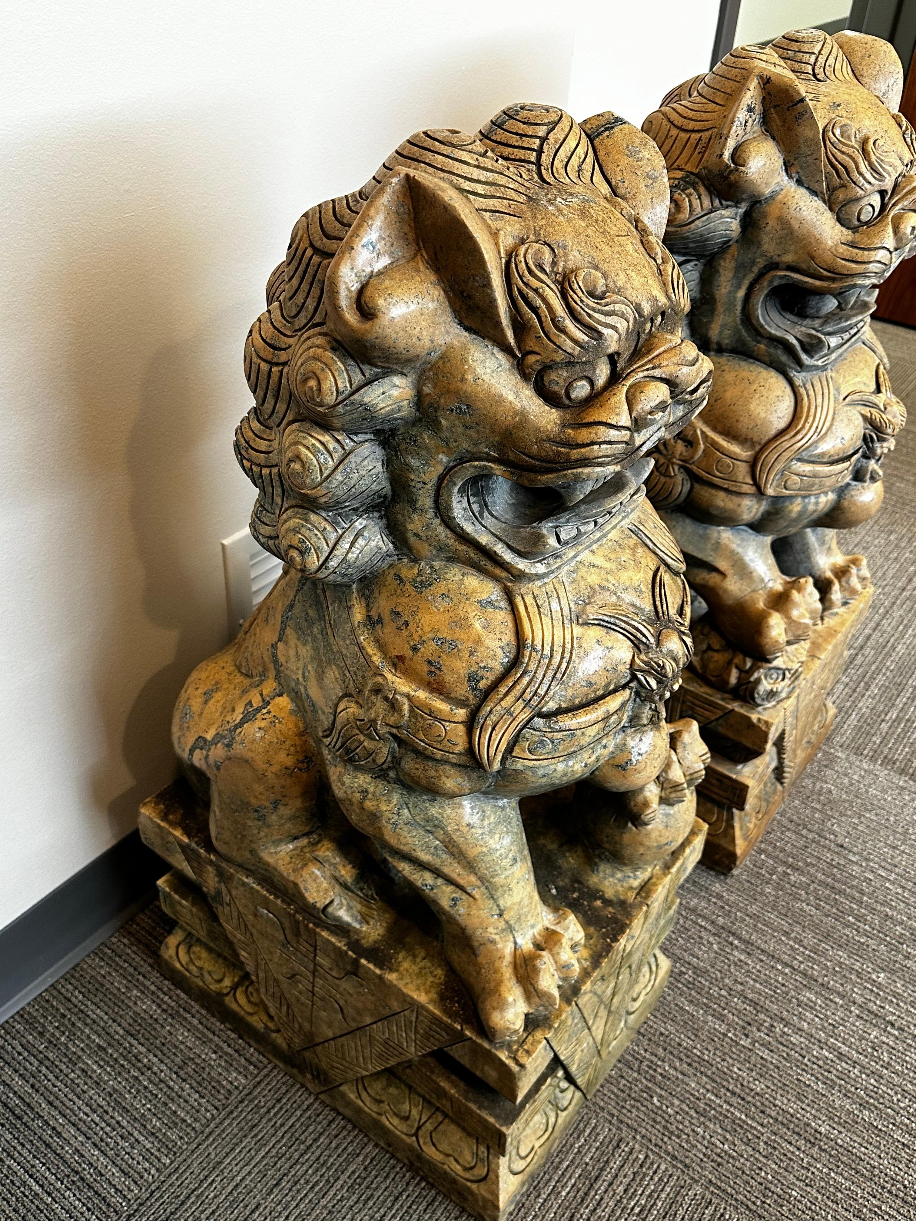 XIXe siècle Paire de grands chiens Foo/Lions de temple chinois en pierre sculptée