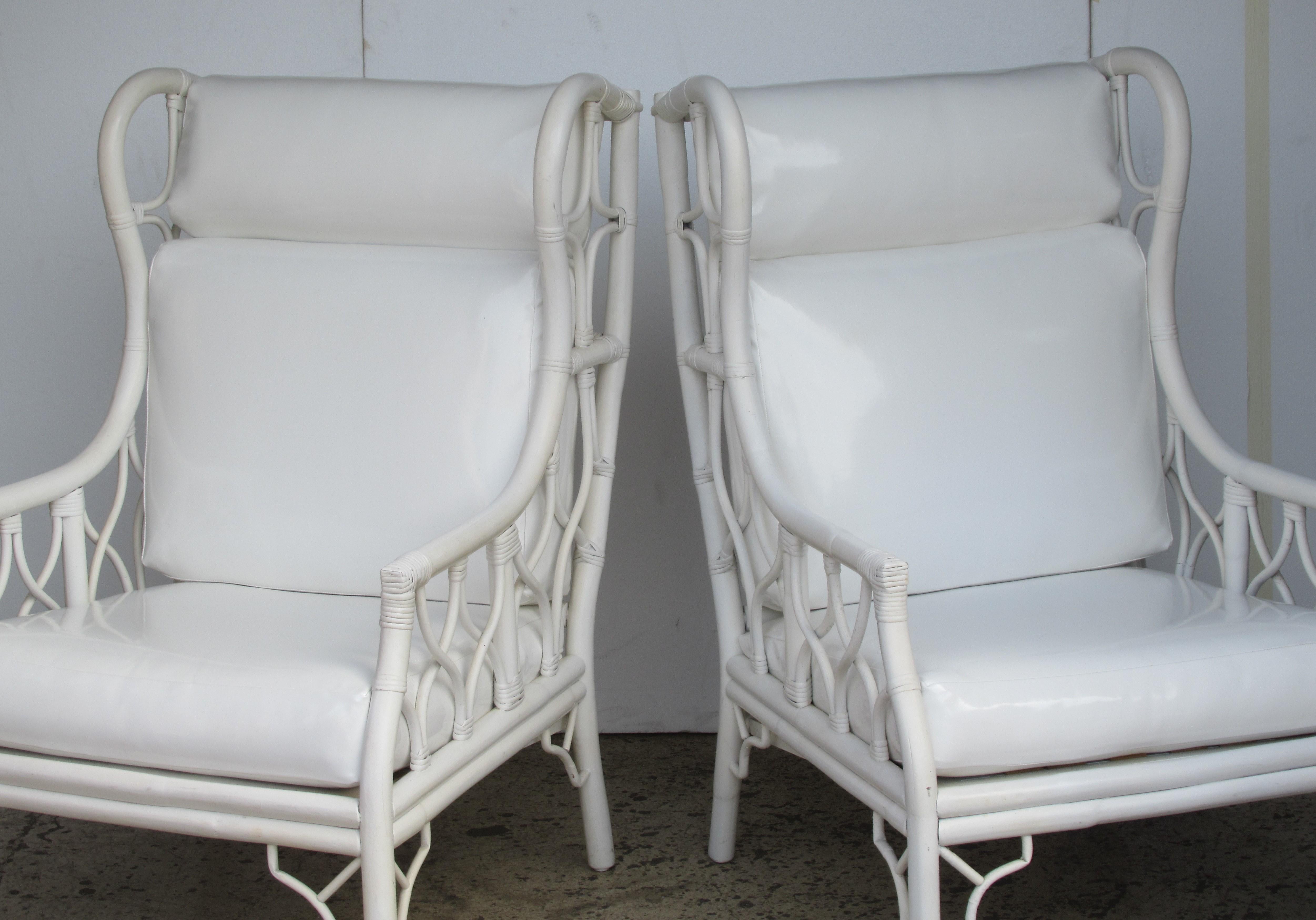 20th Century Pair of Large-Scale Chinese Chippendale Style Wingback Rattan Chairs