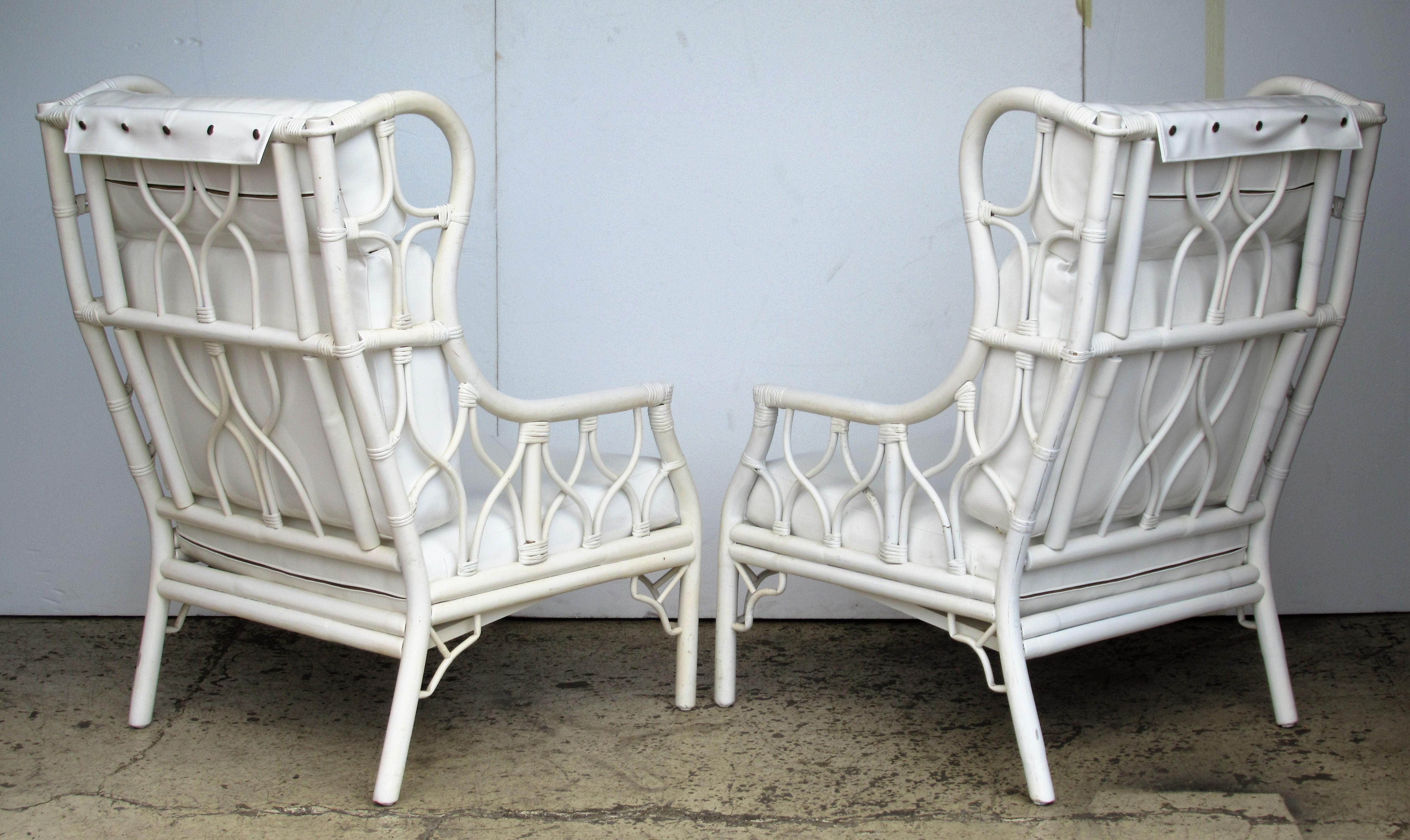 Patent Leather Pair of Large-Scale Chinese Chippendale Style Wingback Rattan Chairs