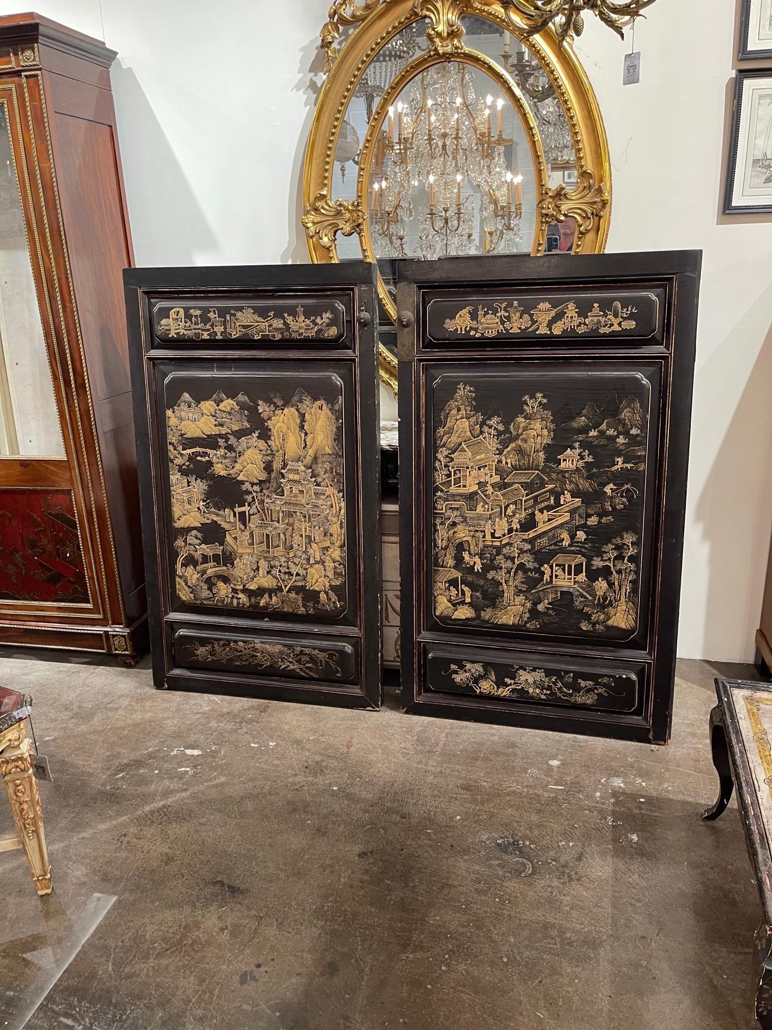 Wood Pair of Large Scale Chinoiserie Decorated Wall Panels For Sale