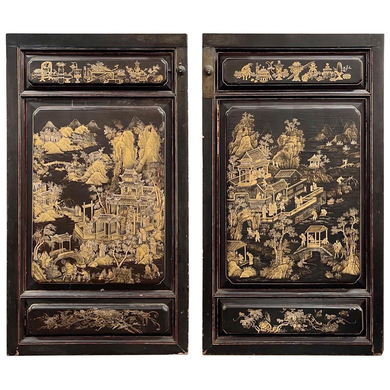 Paar großformatige Chinoiserie-Wandtafeln mit Dekoration