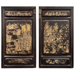 Antique Pair of Large Scale Chinoiserie Decorated Wall Panels