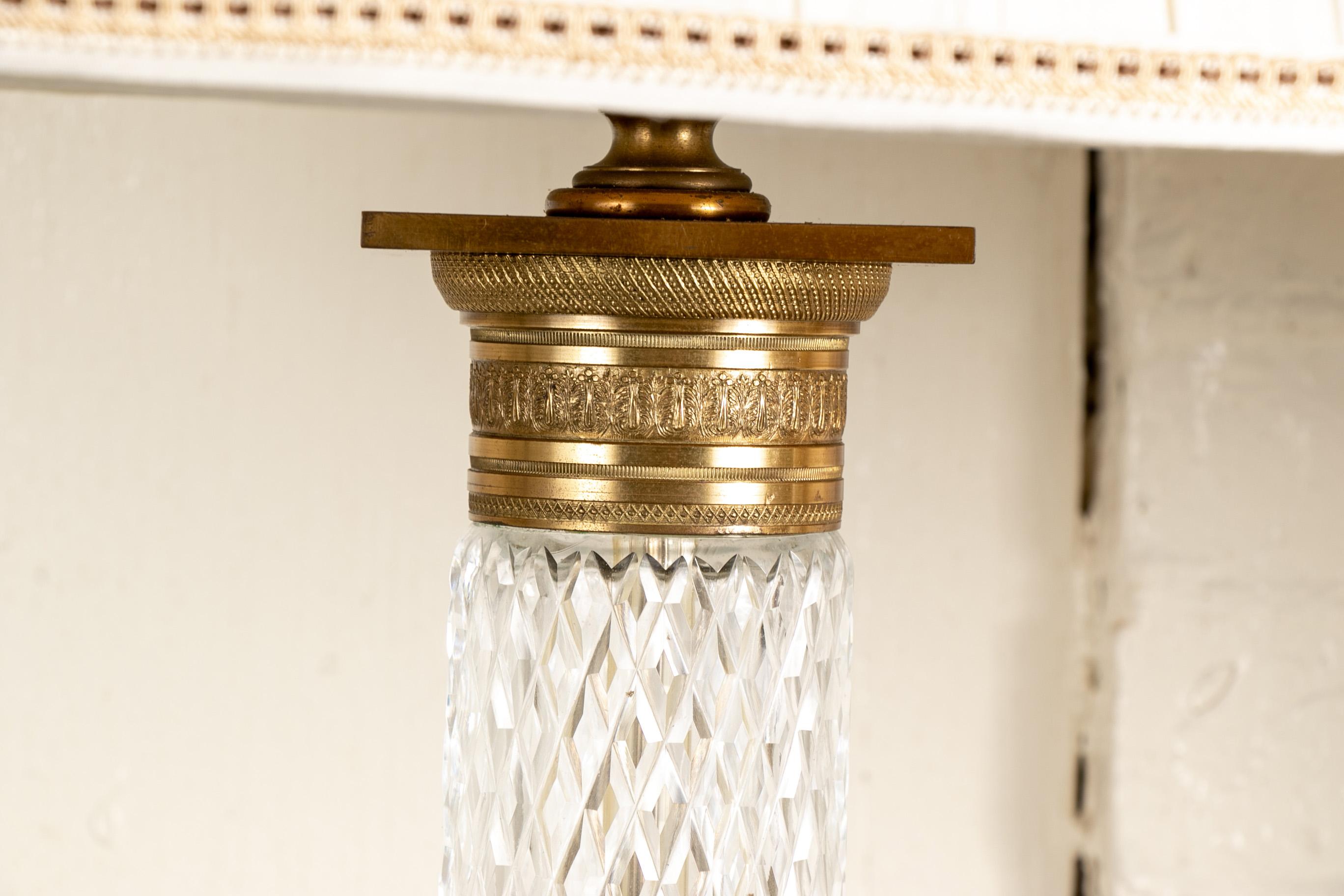 Neoclassical Pair of Large Scale Cut Crystal Column Lamps