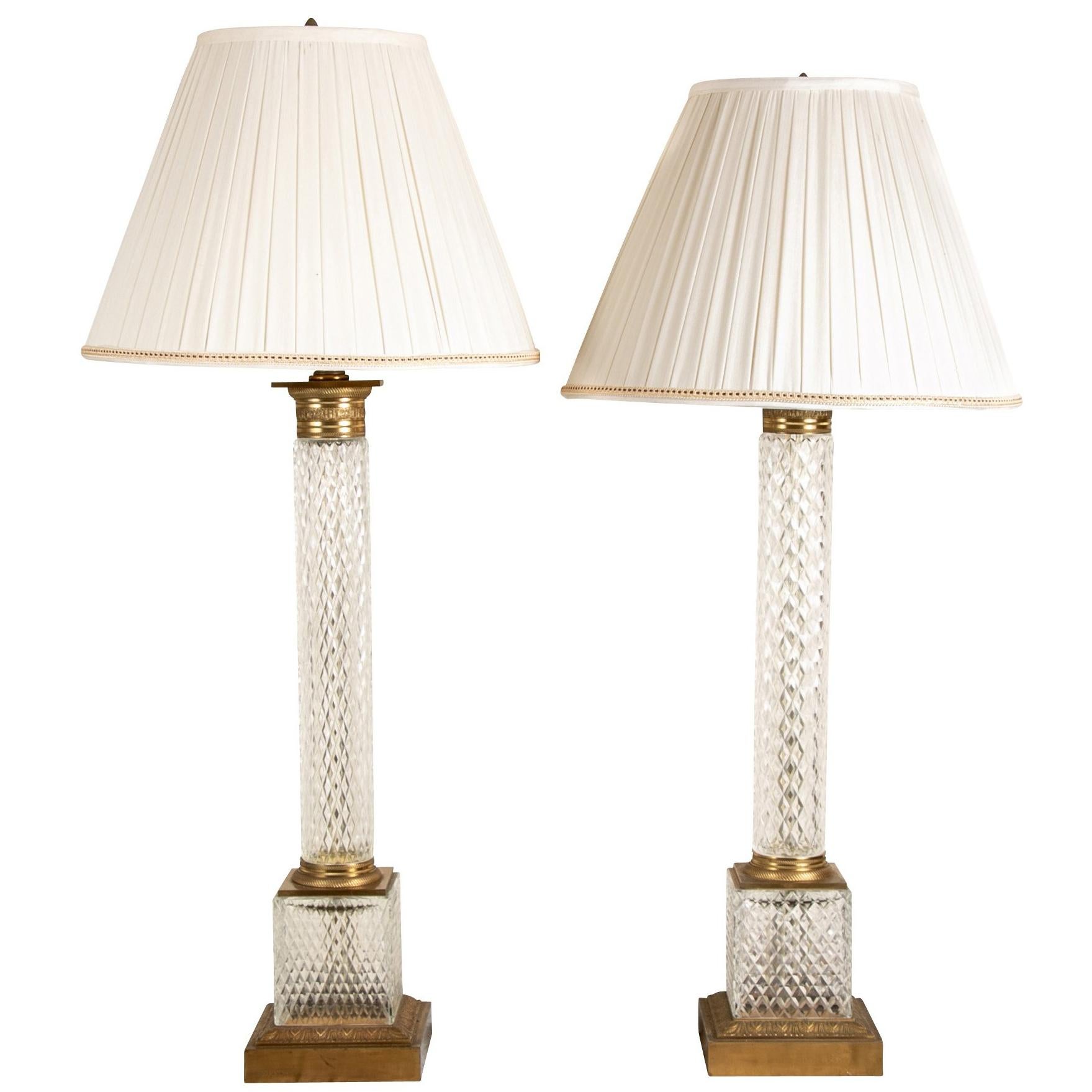 Pair of Large Scale Cut Crystal Column Lamps