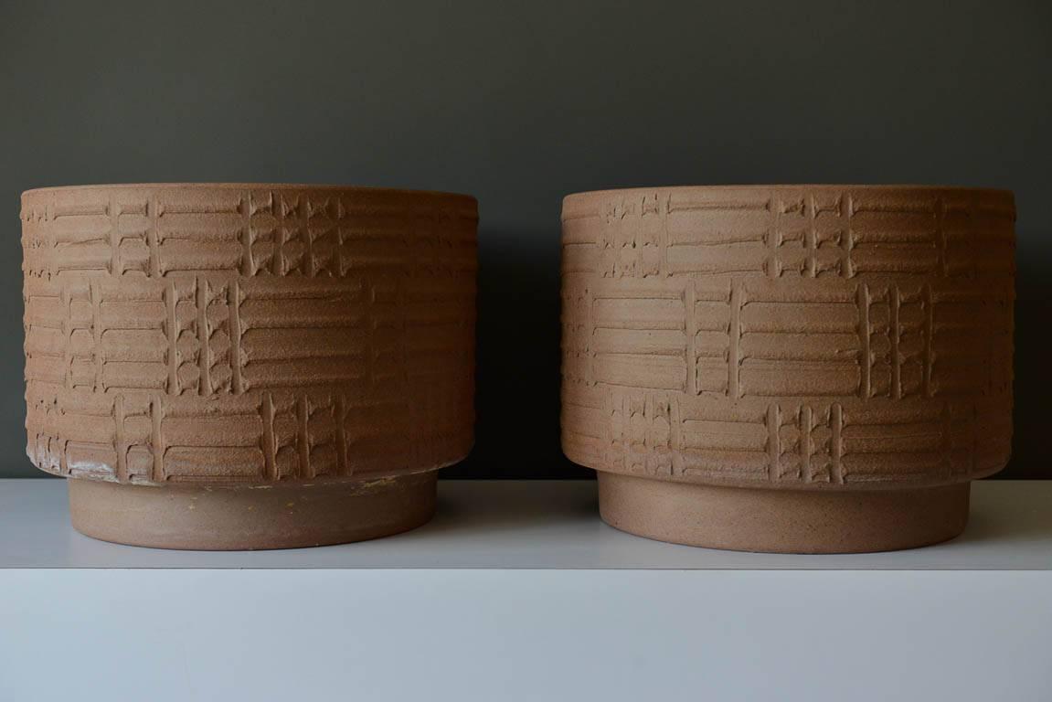 Pair of large scale rare pattern David Cressey unglazed stoneware vessels. Pro Artisan series, Architectural Pottery. Large-scale, perfect condition with no chips or cracks.  One owner estate in Newport Beach, CA. Drain holes in bottom as