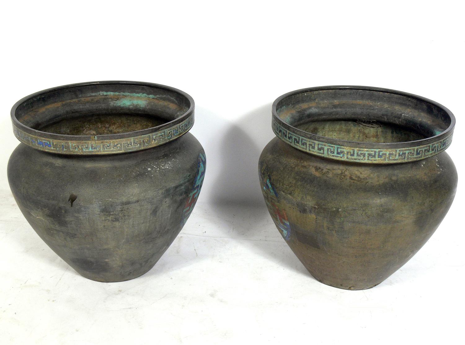 Pair of Large Scale Enameled Asian Metal Urns, circa 1930s For Sale 4