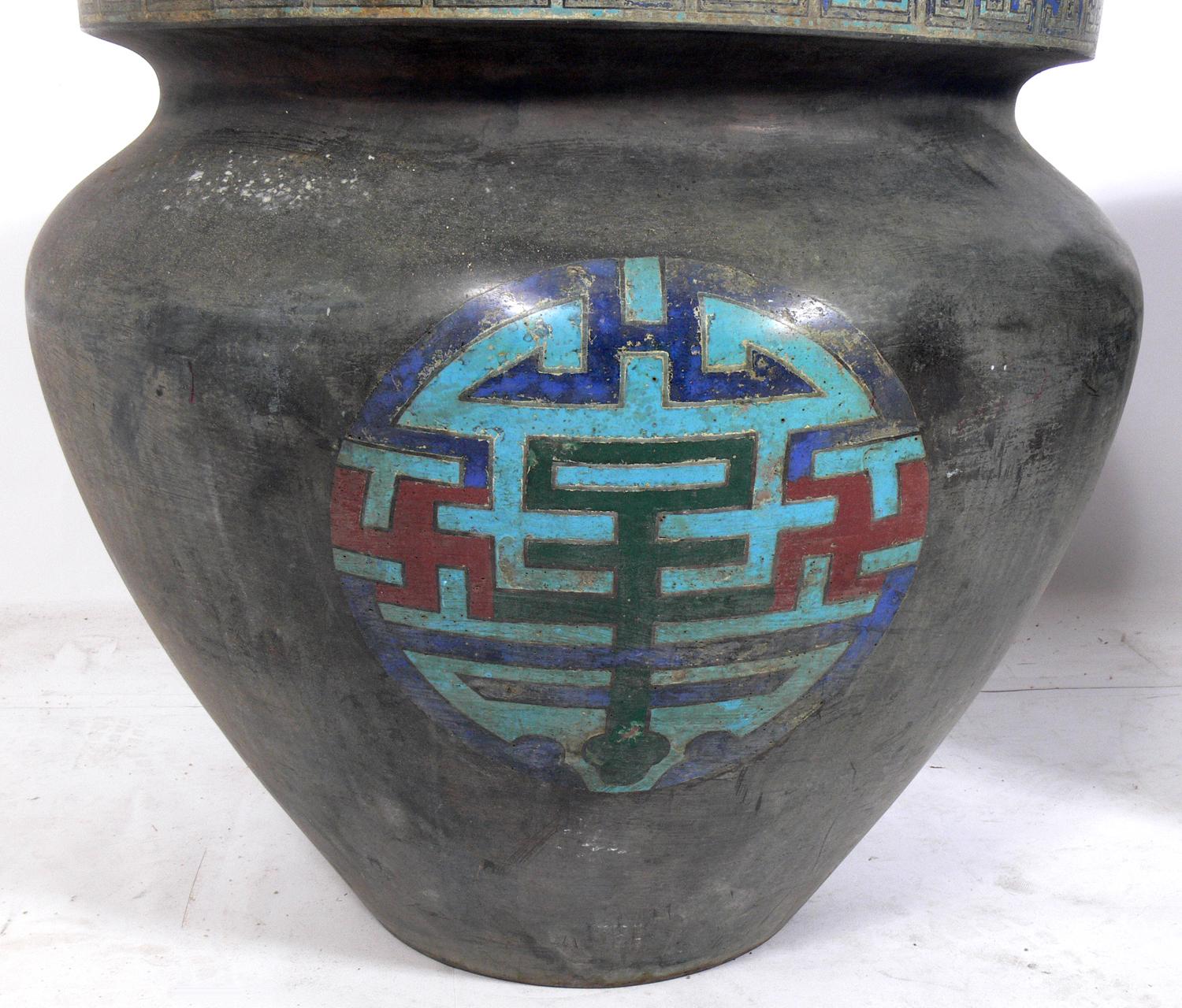 Chinese Pair of Large Scale Enameled Asian Metal Urns, circa 1930s For Sale