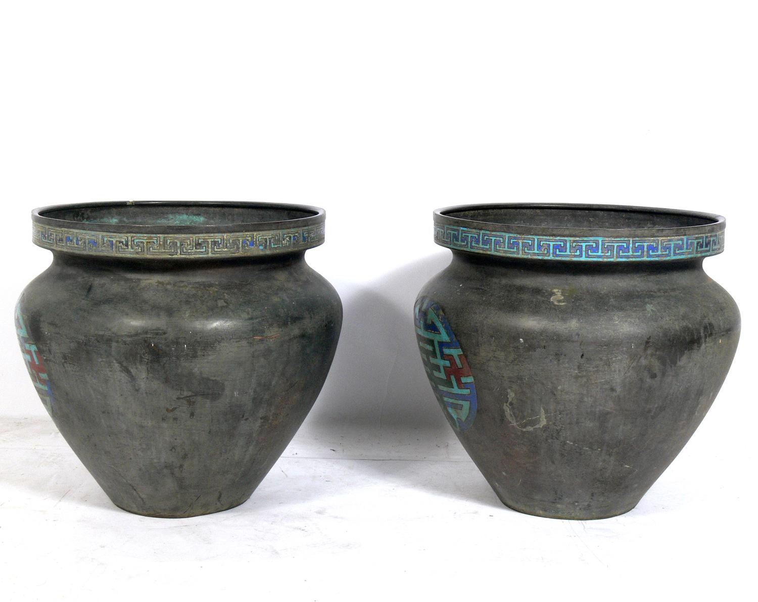 Mid-20th Century Pair of Large Scale Enameled Asian Metal Urns, circa 1930s For Sale