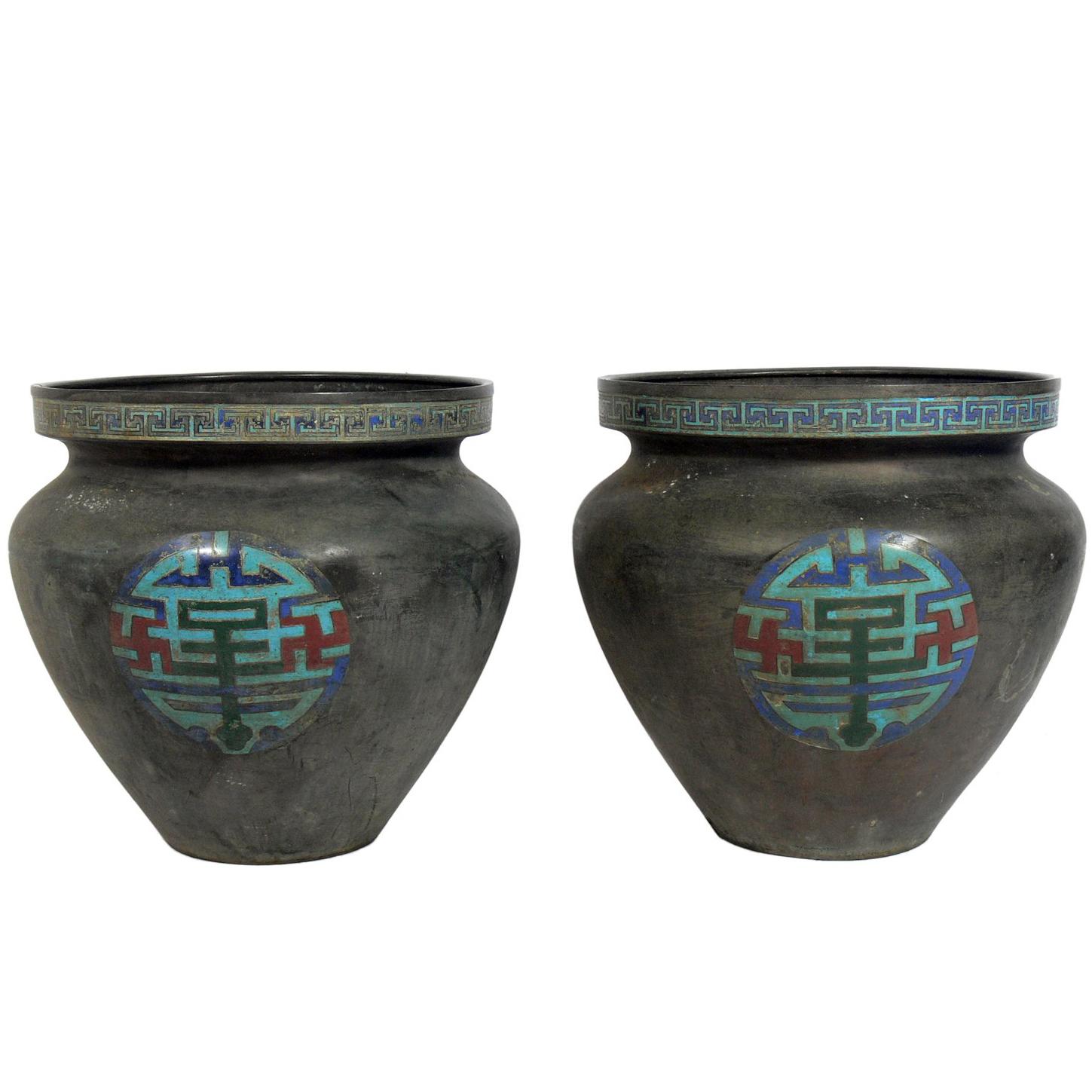 Pair of Large Scale Enameled Asian Metal Urns, circa 1930s