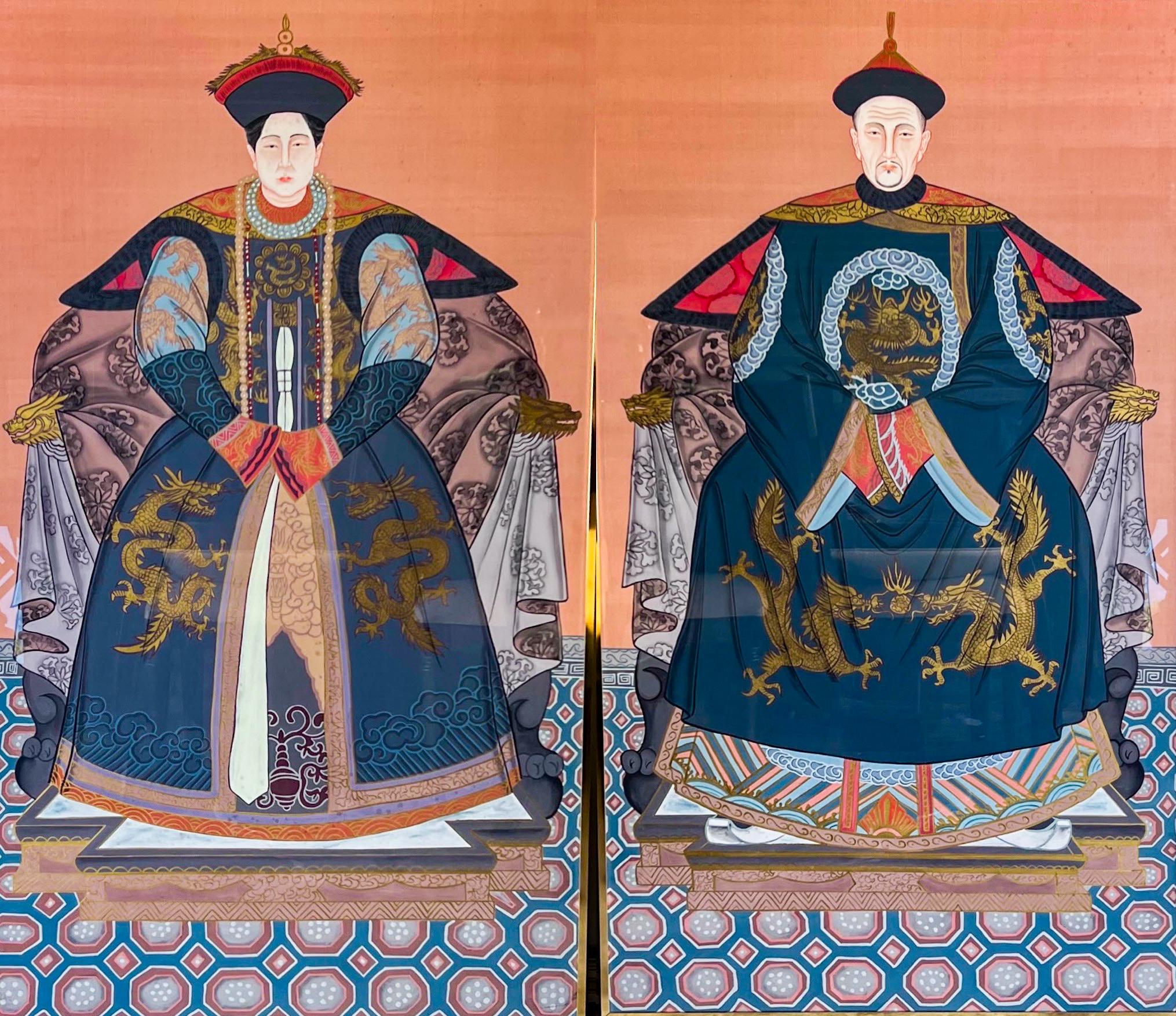 Chinese Export Pair Of Large Scale Framed Chinese Ancestor Portraits, Oil On Silk